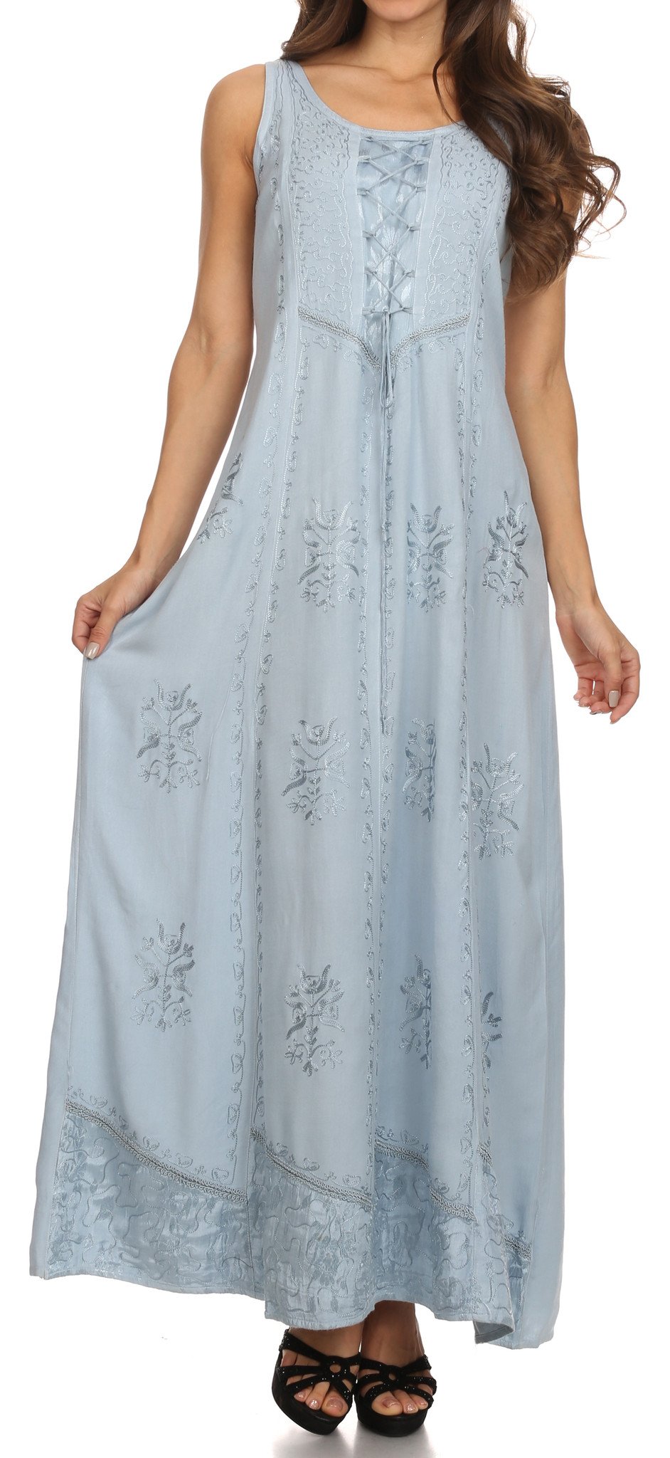 Sakkas Stella Long Tank Top Adjustable Caftan Corset Dress With Embroidery - Concordia Style Boutique