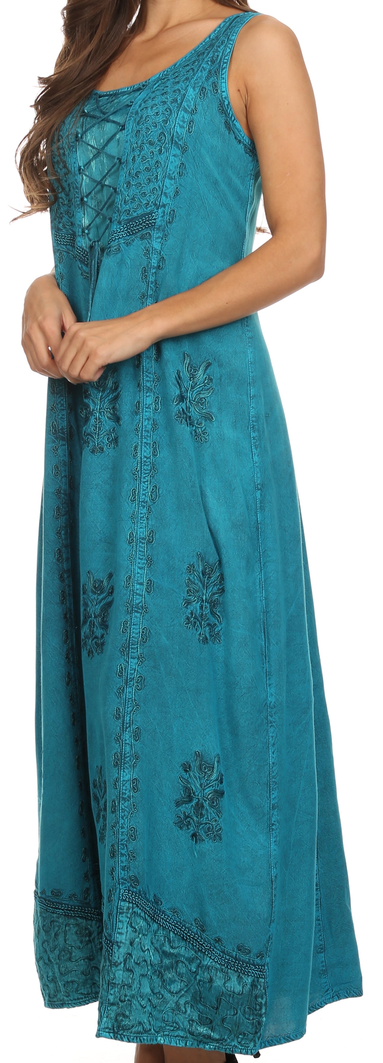 Sakkas Stella Long Tank Top Adjustable Caftan Corset Dress With Embroidery - Concordia Style Boutique
