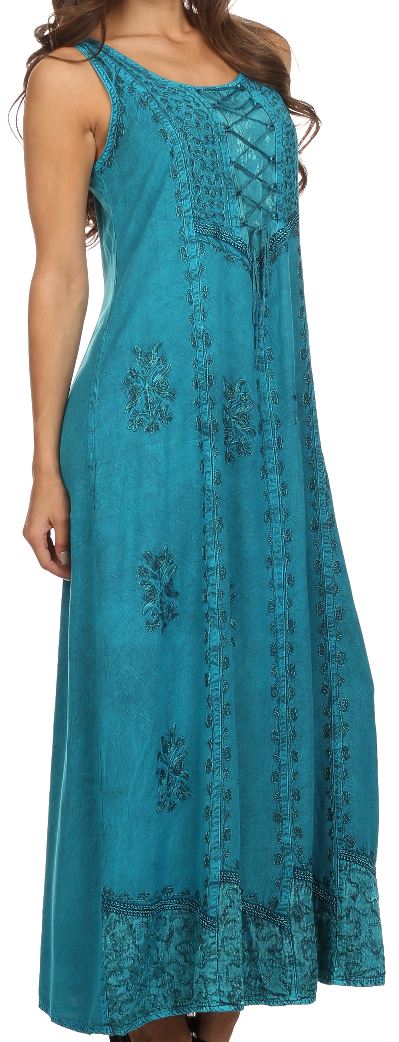 Sakkas Stella Long Tank Top Adjustable Caftan Corset Dress With Embroidery - Concordia Style Boutique