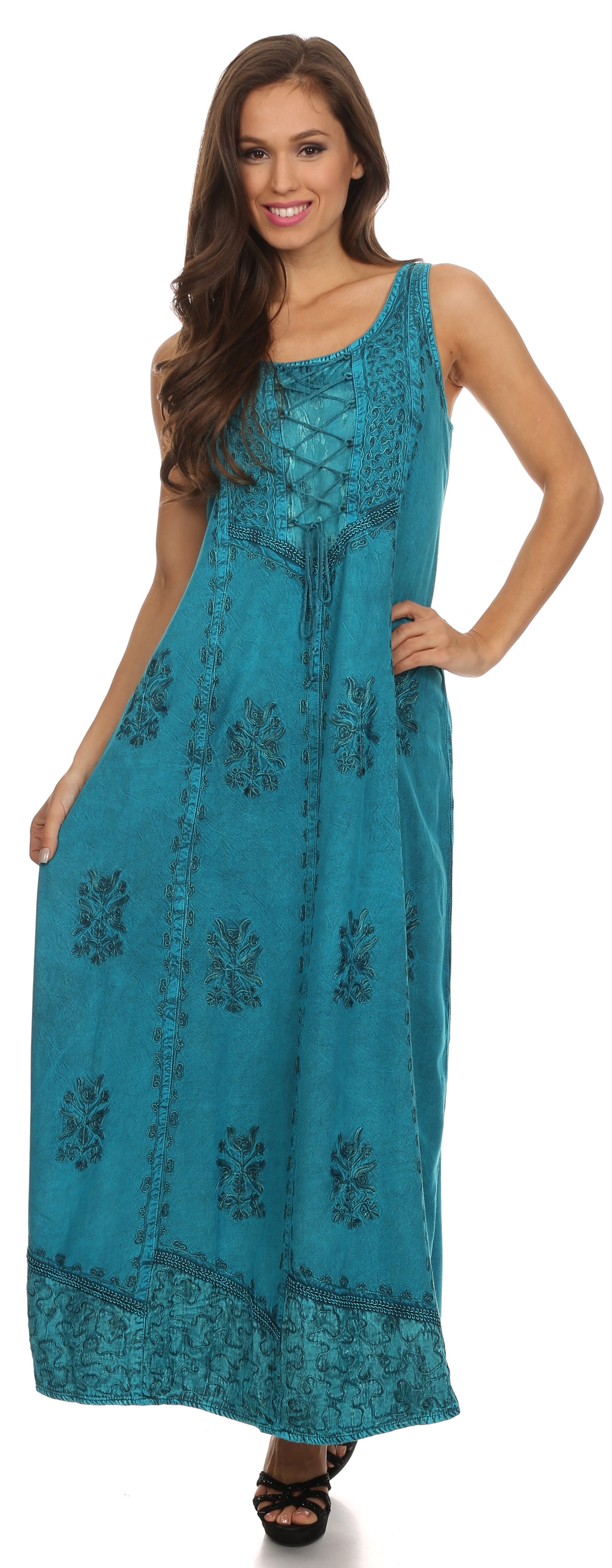 Sakkas Stella Long Tank Top Adjustable Caftan Corset Dress With Embroidery - Concordia Style Boutique