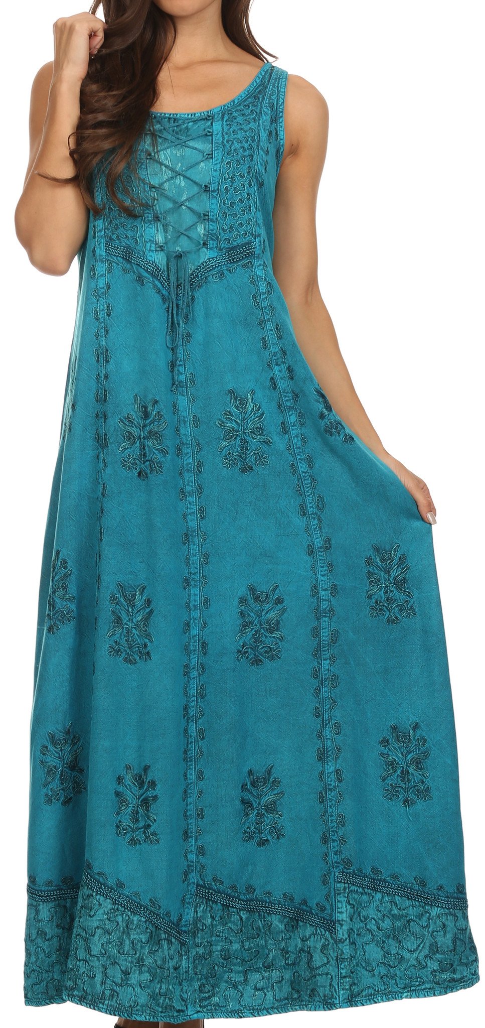 Sakkas Stella Long Tank Top Adjustable Caftan Corset Dress With Embroidery - Concordia Style Boutique