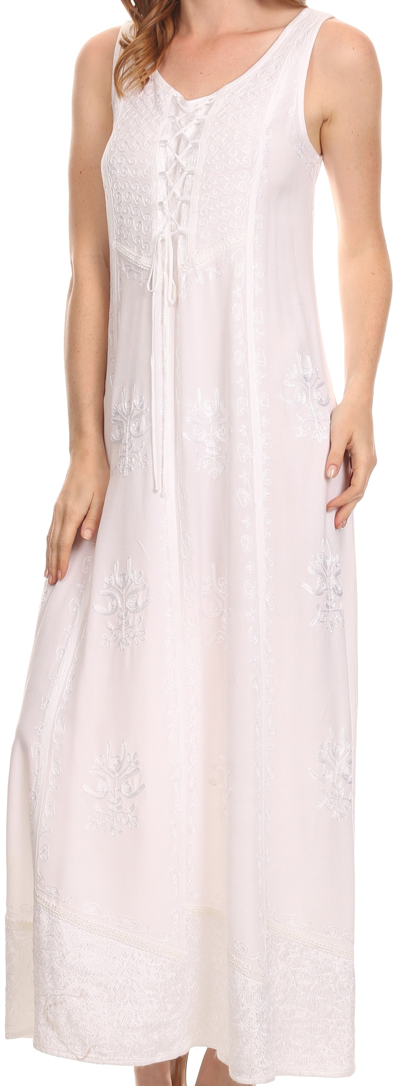 Sakkas Stella Long Tank Top Adjustable Caftan Corset Dress With Embroidery - Concordia Style Boutique