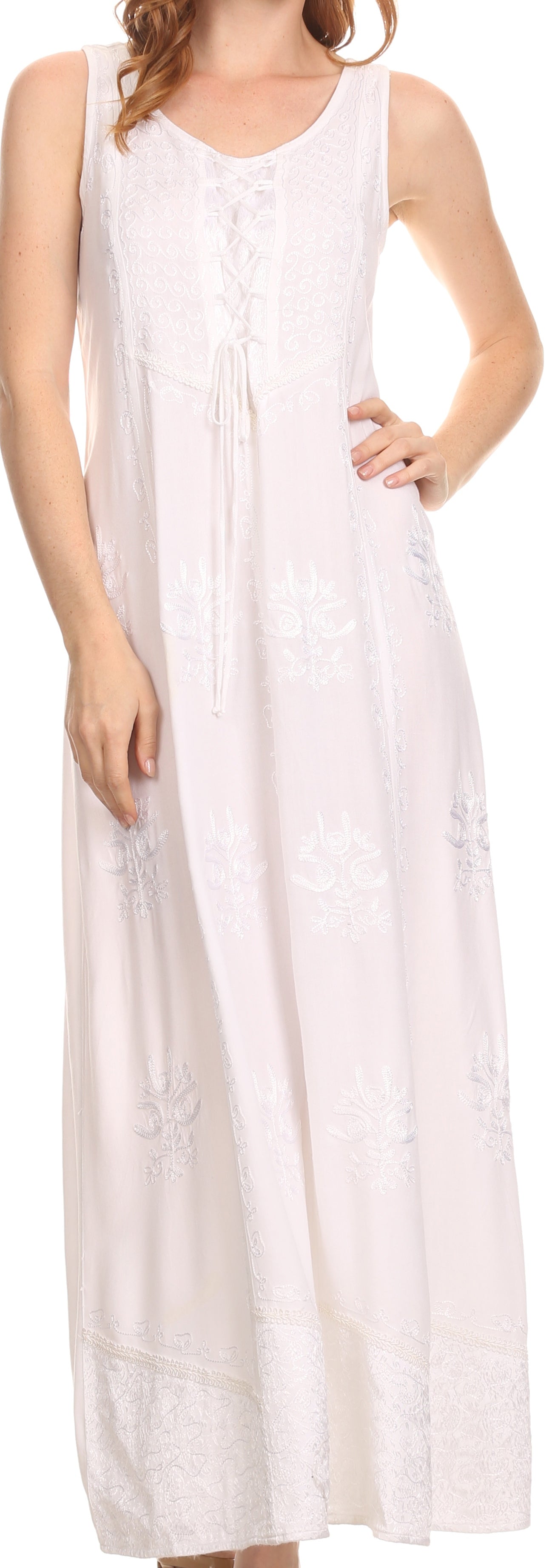 Sakkas Stella Long Tank Top Adjustable Caftan Corset Dress With Embroidery - Concordia Style Boutique