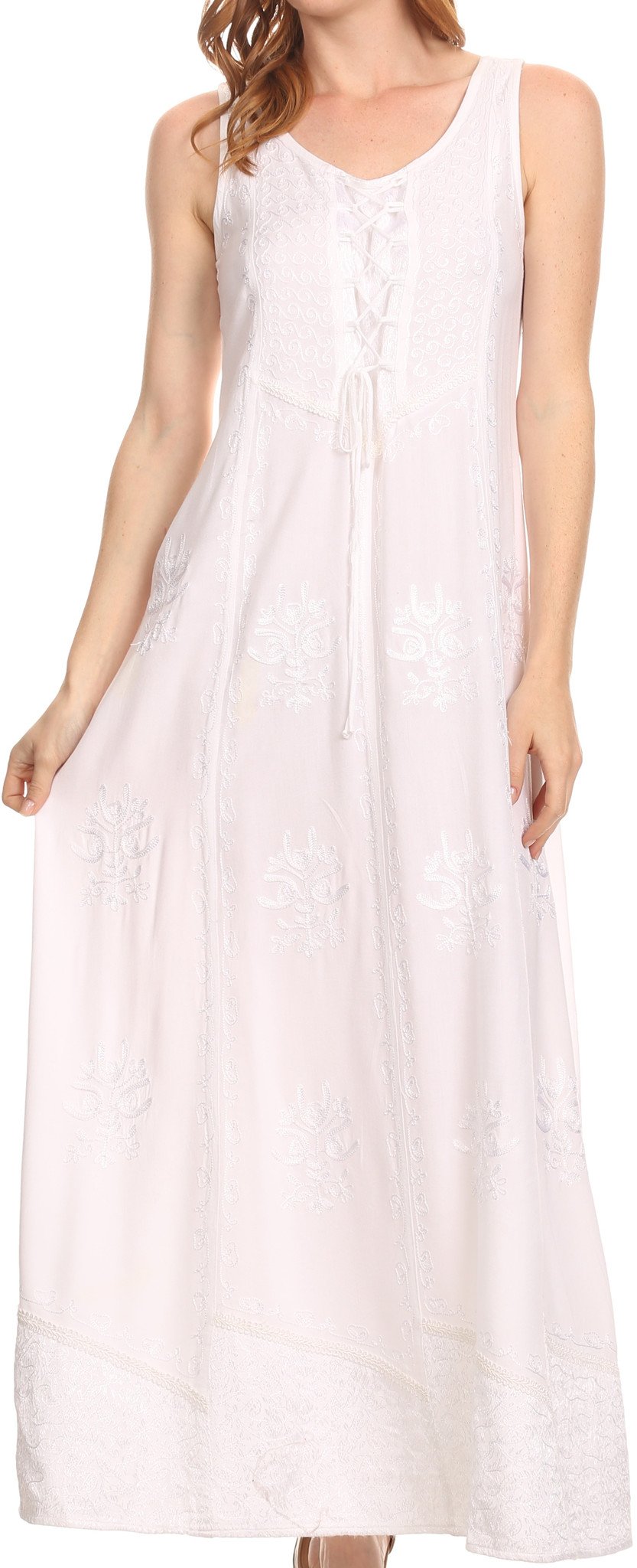 Sakkas Stella Long Tank Top Adjustable Caftan Corset Dress With Embroidery - Concordia Style Boutique
