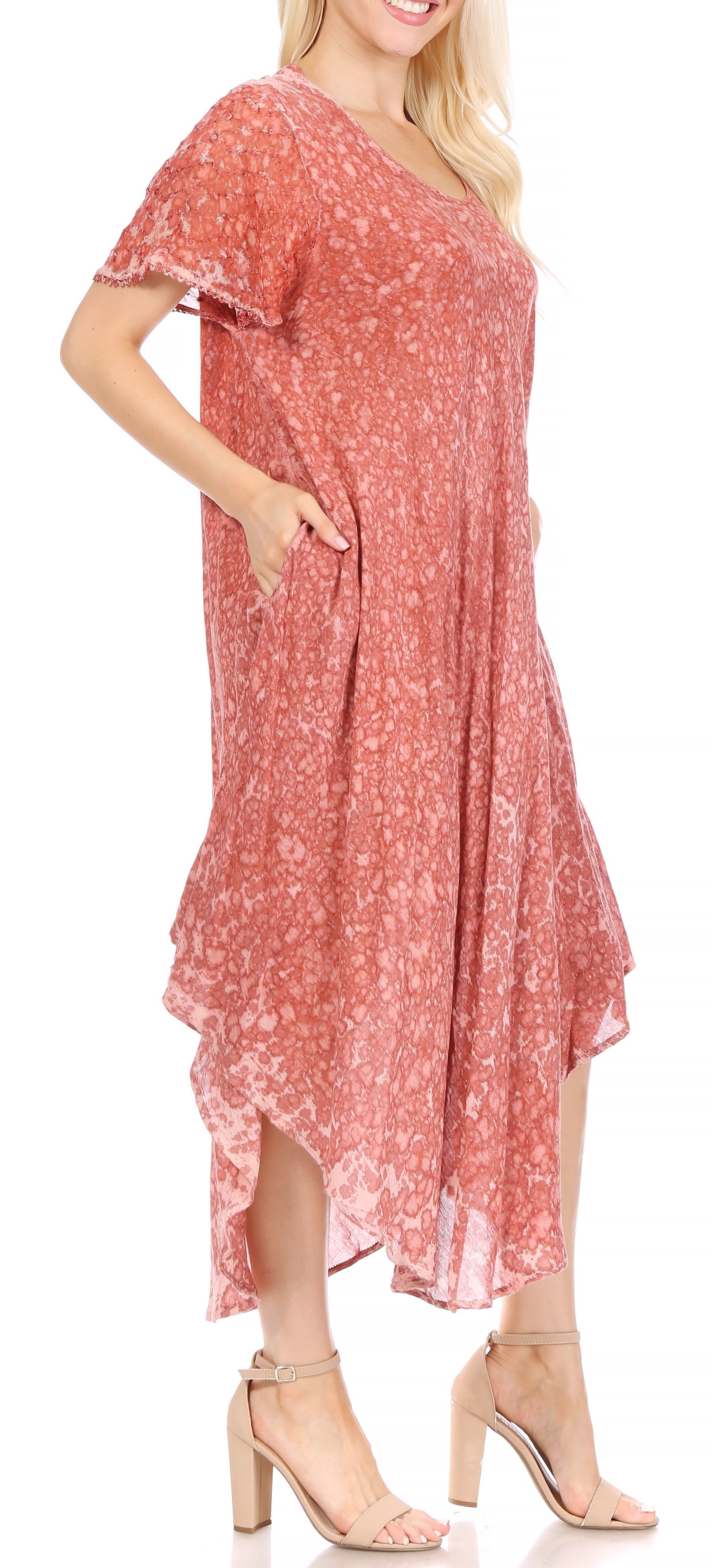 Sakkas Lila Freckled Dyed Cap Sleeve Scoopneck Long Caftan Dress / Cover Up - Concordia Style Boutique