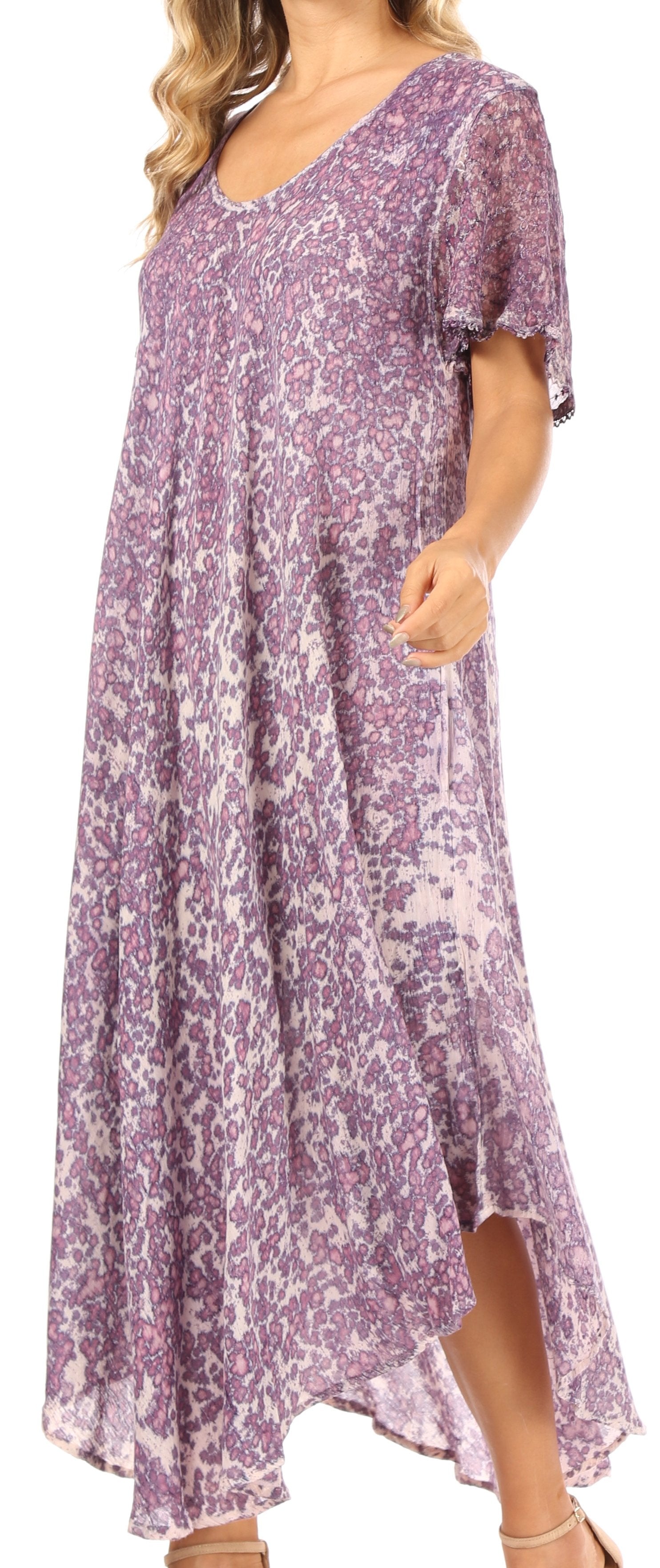 Sakkas Lila Freckled Dyed Cap Sleeve Scoopneck Long Caftan Dress / Cover Up - Concordia Style Boutique