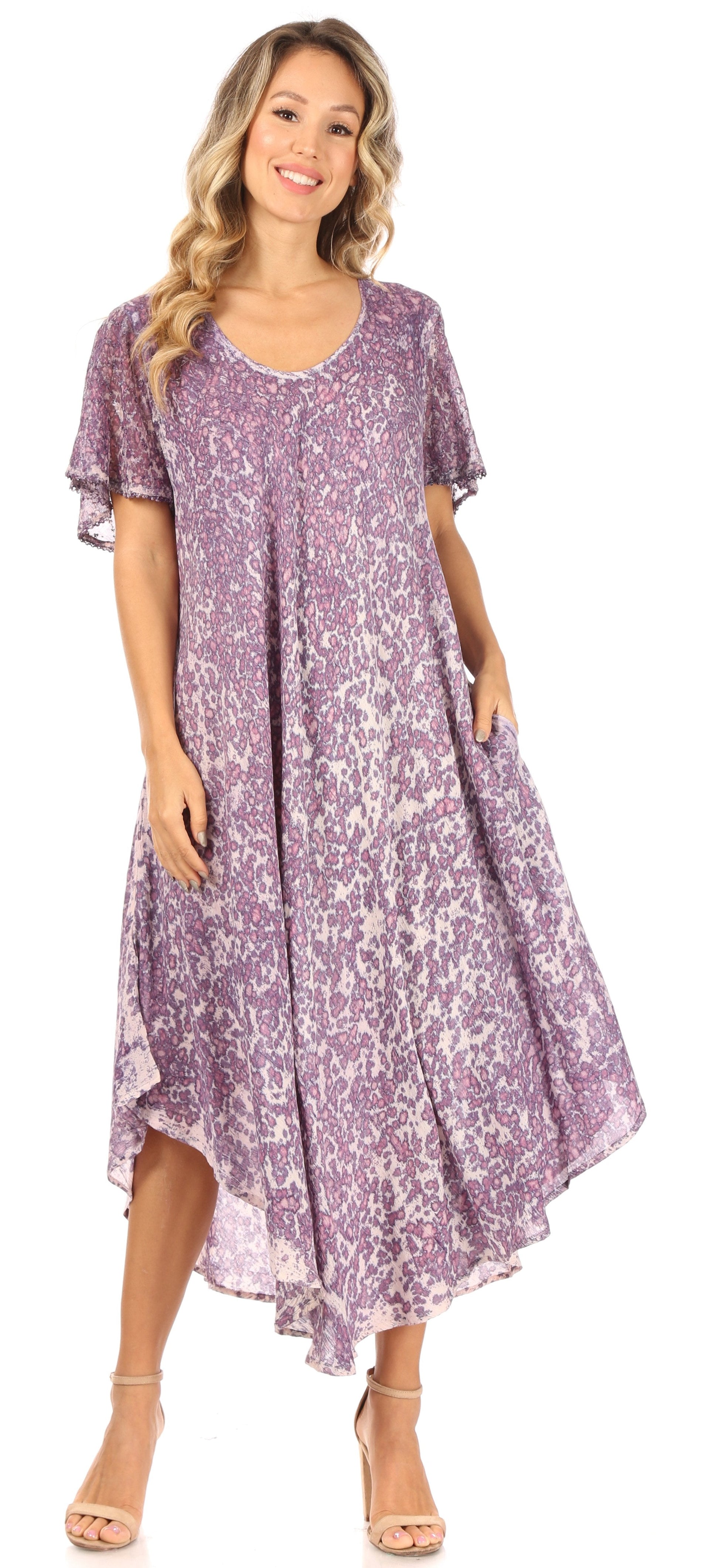 Sakkas Lila Freckled Dyed Cap Sleeve Scoopneck Long Caftan Dress / Cover Up - Concordia Style Boutique