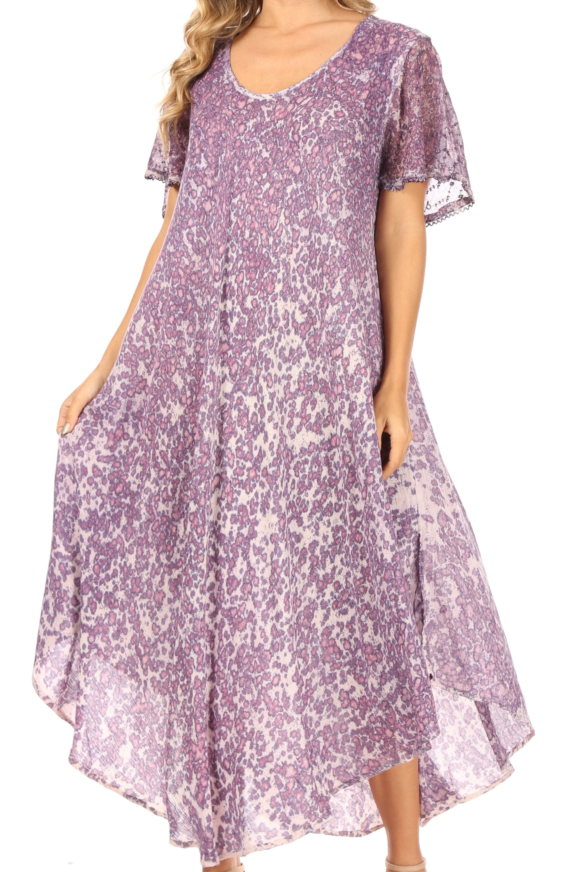 Sakkas Lila Freckled Dyed Cap Sleeve Scoopneck Long Caftan Dress / Cover Up - Concordia Style Boutique