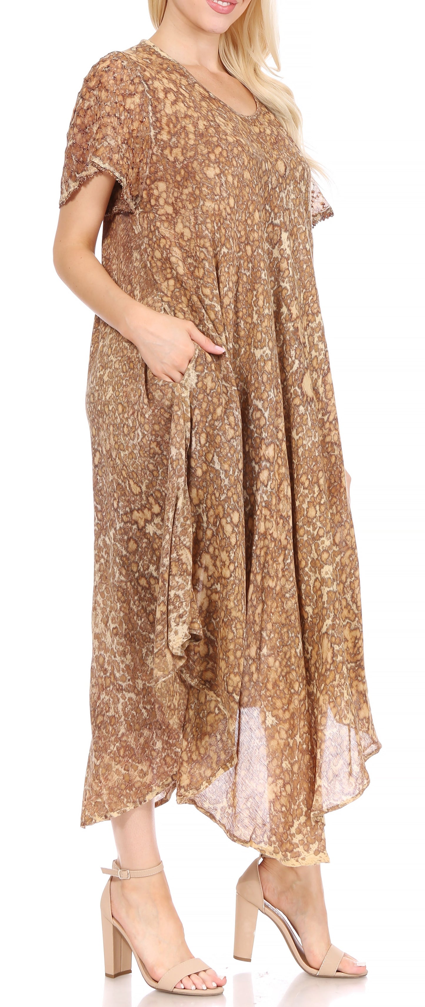 Sakkas Lila Freckled Dyed Cap Sleeve Scoopneck Long Caftan Dress / Cover Up - Concordia Style Boutique