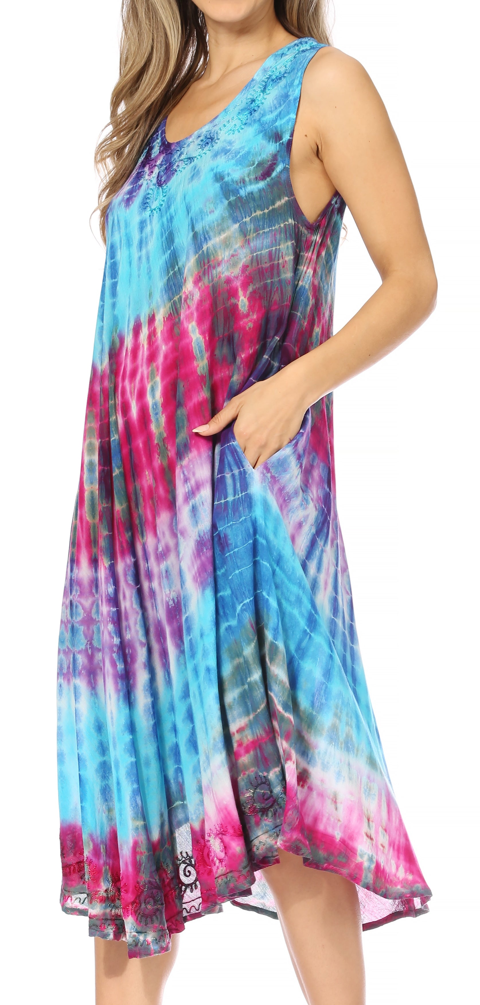 Sakkas Nora Sleeveless Embroidered Short Tie Dye Caftan Dress / Cover Up - Concordia Style Boutique