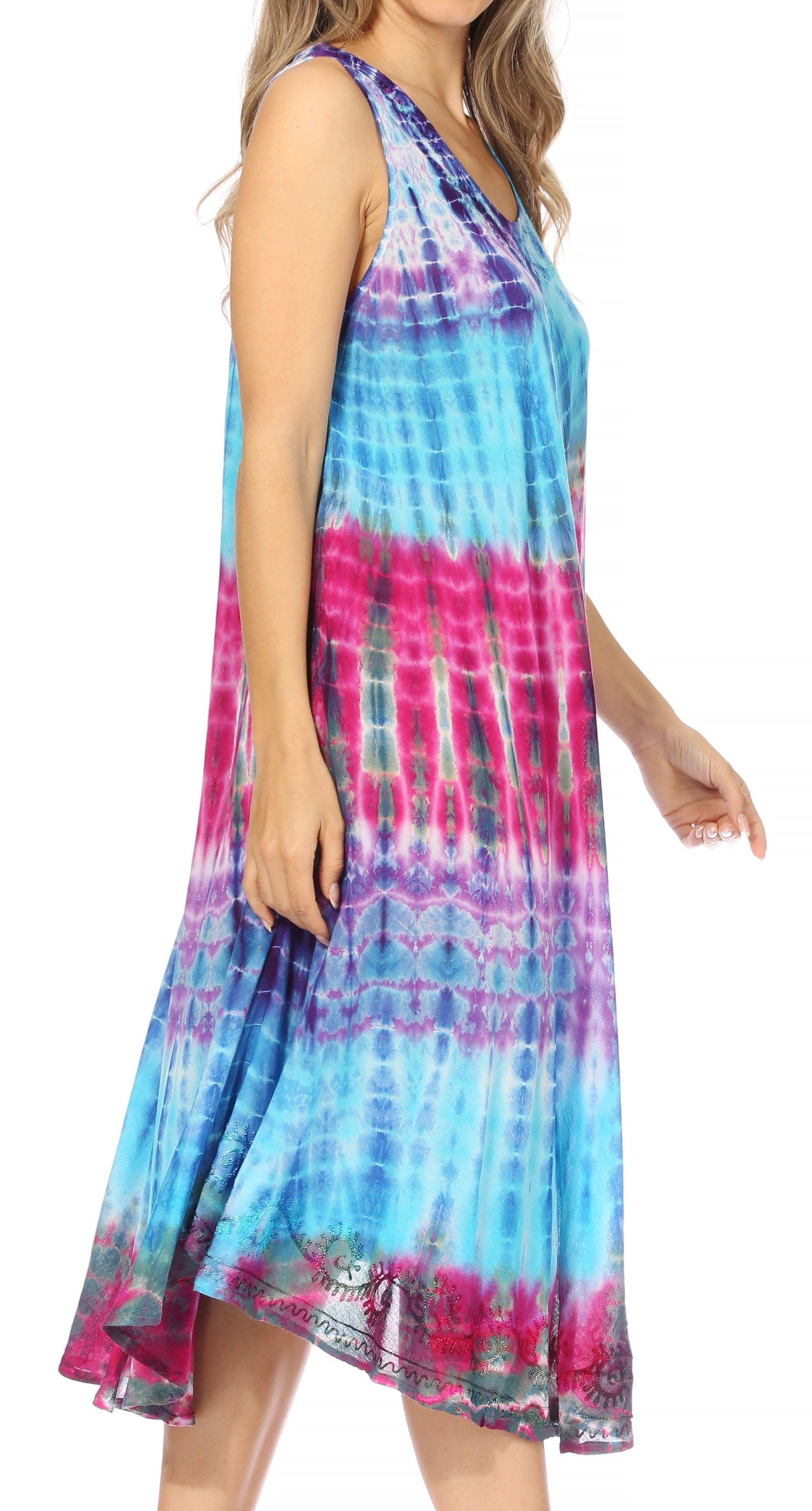 Sakkas Nora Sleeveless Embroidered Short Tie Dye Caftan Dress / Cover Up - Concordia Style Boutique