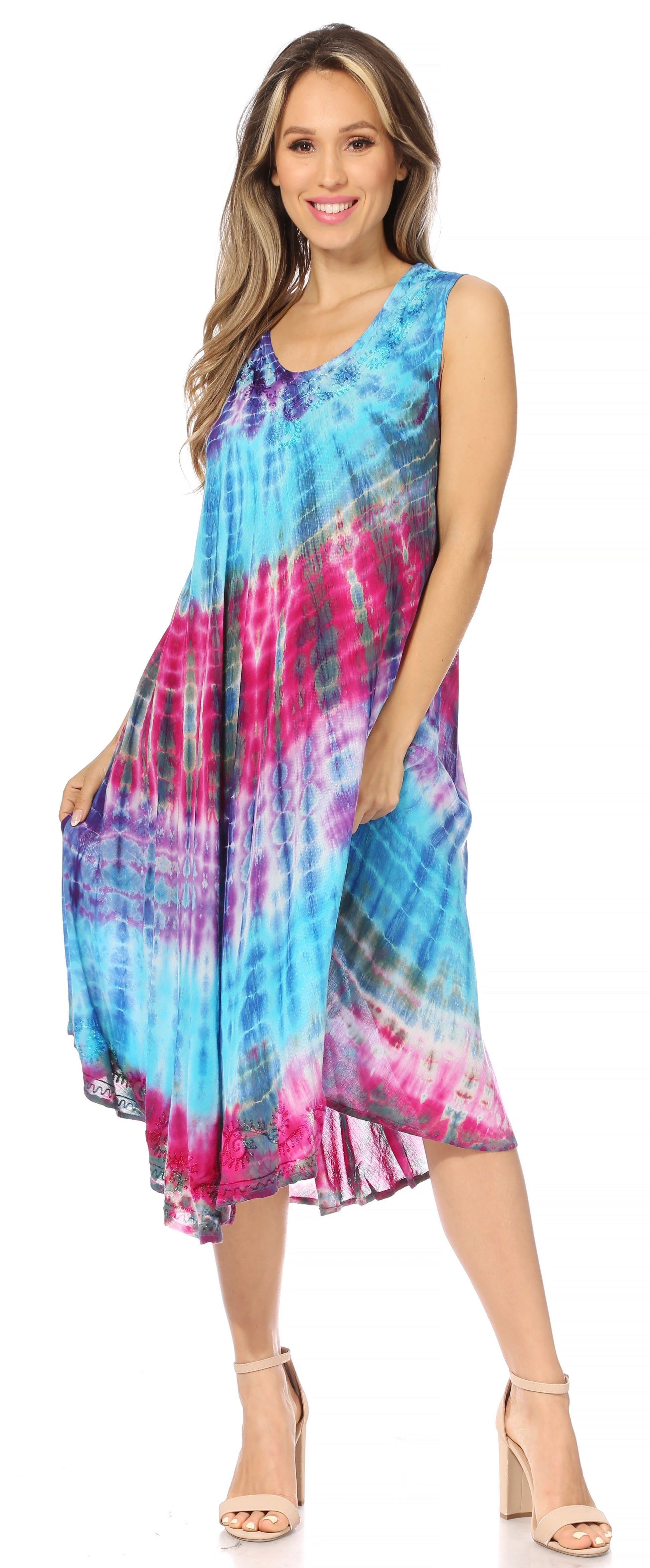 Sakkas Nora Sleeveless Embroidered Short Tie Dye Caftan Dress / Cover Up - Concordia Style Boutique