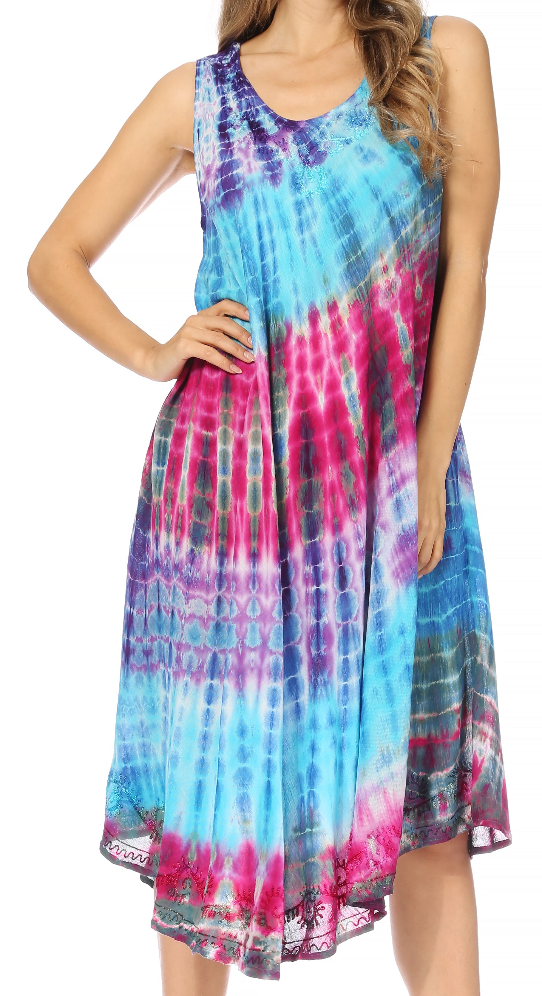 Sakkas Nora Sleeveless Embroidered Short Tie Dye Caftan Dress / Cover Up - Concordia Style Boutique