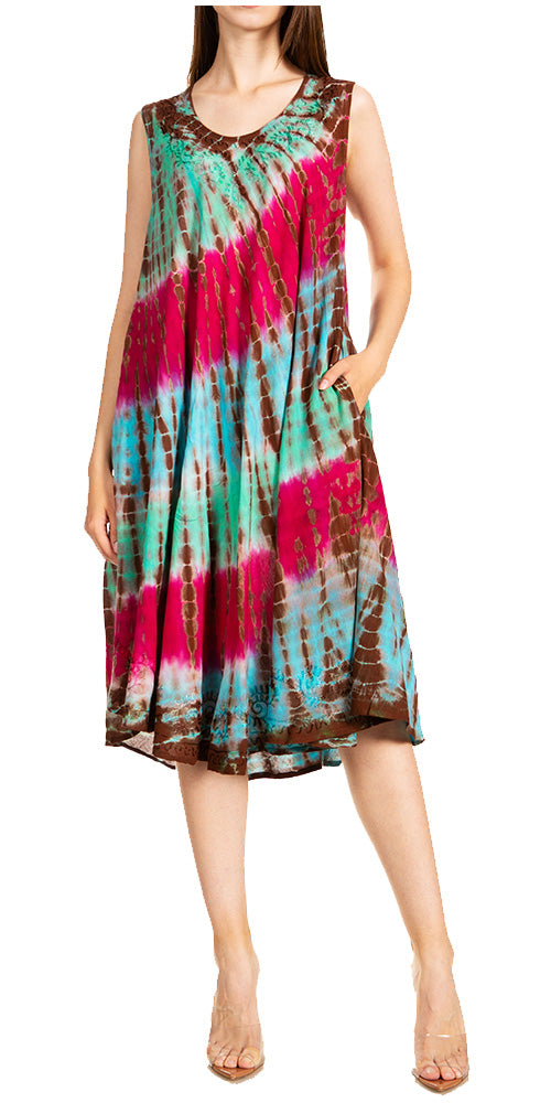 Sakkas Nora Sleeveless Embroidered Short Tie Dye Caftan Dress / Cover Up - Concordia Style Boutique