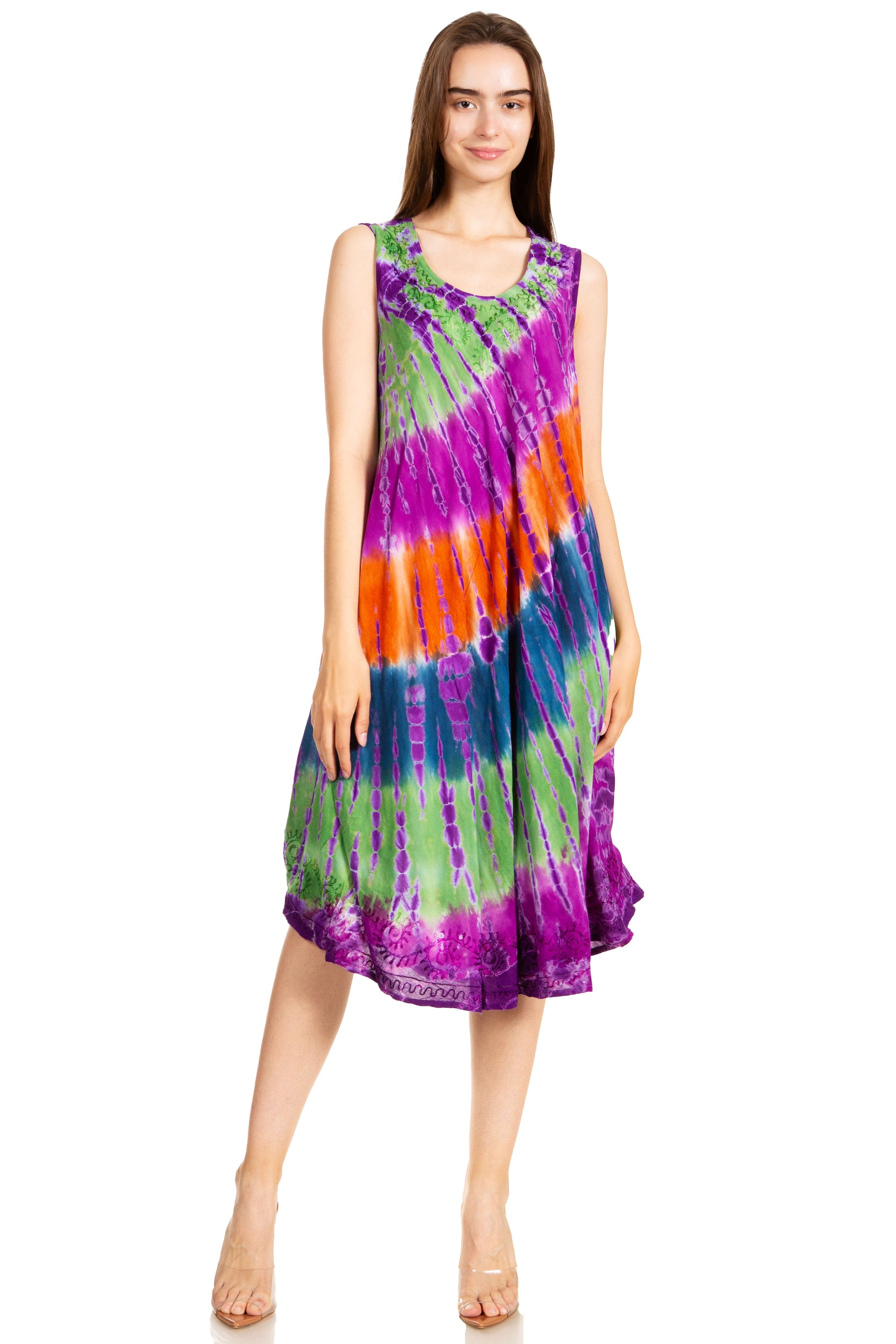 Sakkas Nora Sleeveless Embroidered Short Tie Dye Caftan Dress / Cover Up - Concordia Style Boutique