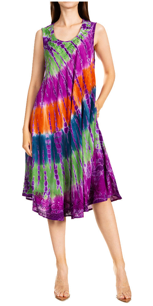 Sakkas Nora Sleeveless Embroidered Short Tie Dye Caftan Dress / Cover Up - Concordia Style Boutique
