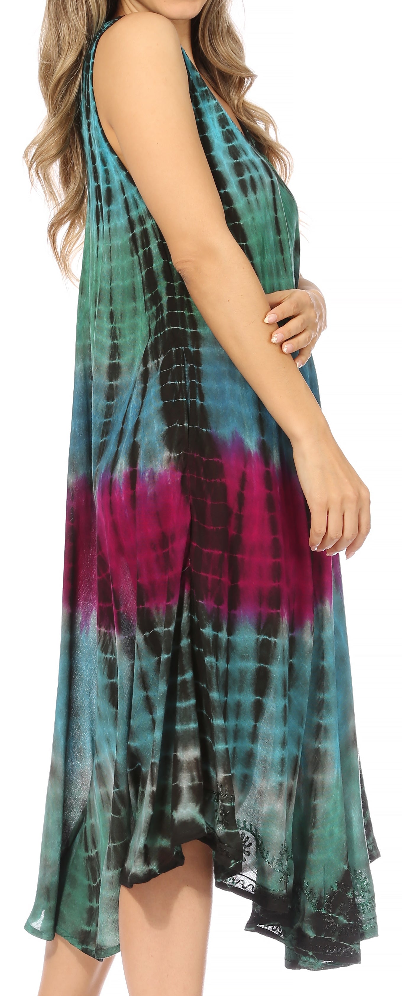 Sakkas Nora Sleeveless Embroidered Short Tie Dye Caftan Dress / Cover Up - Concordia Style Boutique