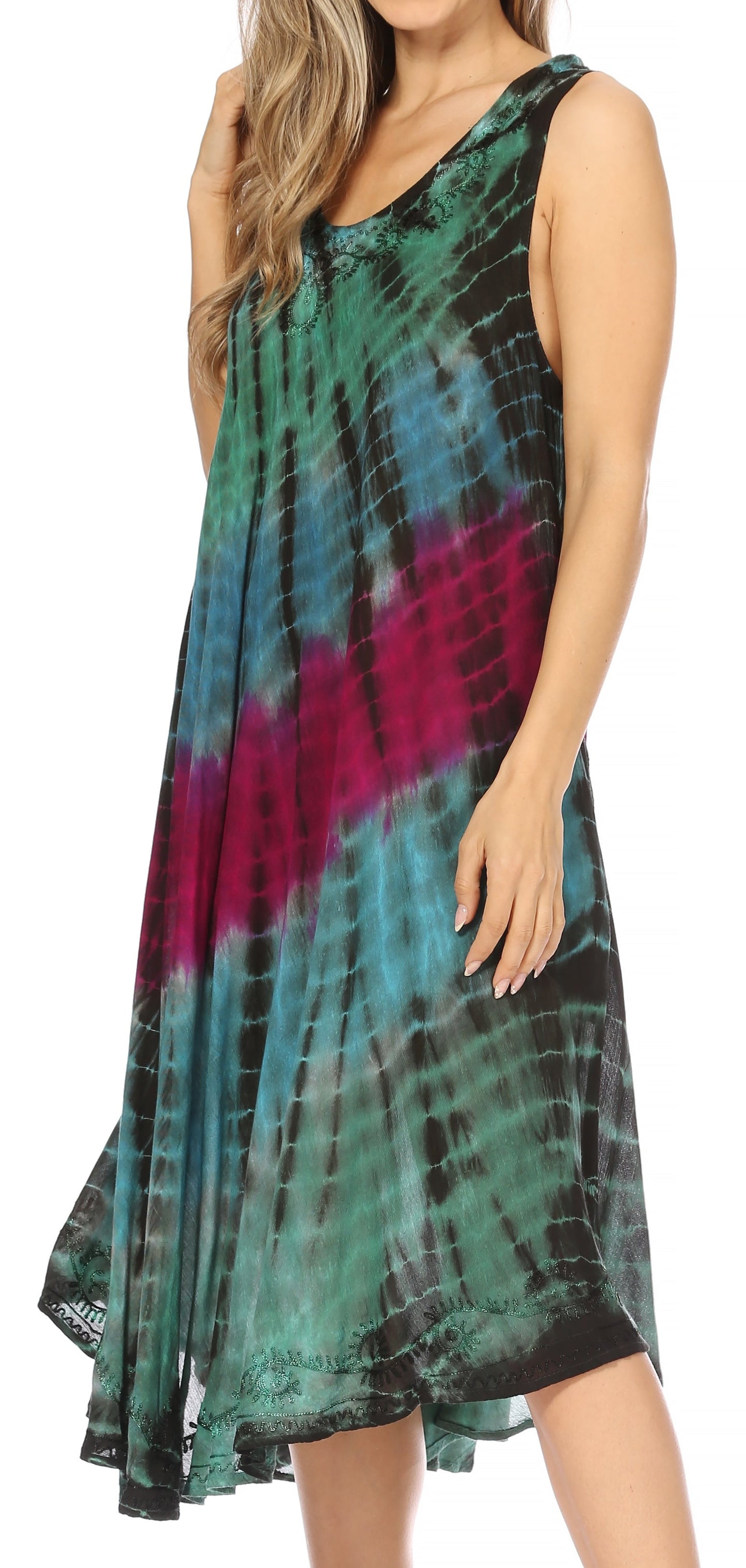 Sakkas Nora Sleeveless Embroidered Short Tie Dye Caftan Dress / Cover Up - Concordia Style Boutique