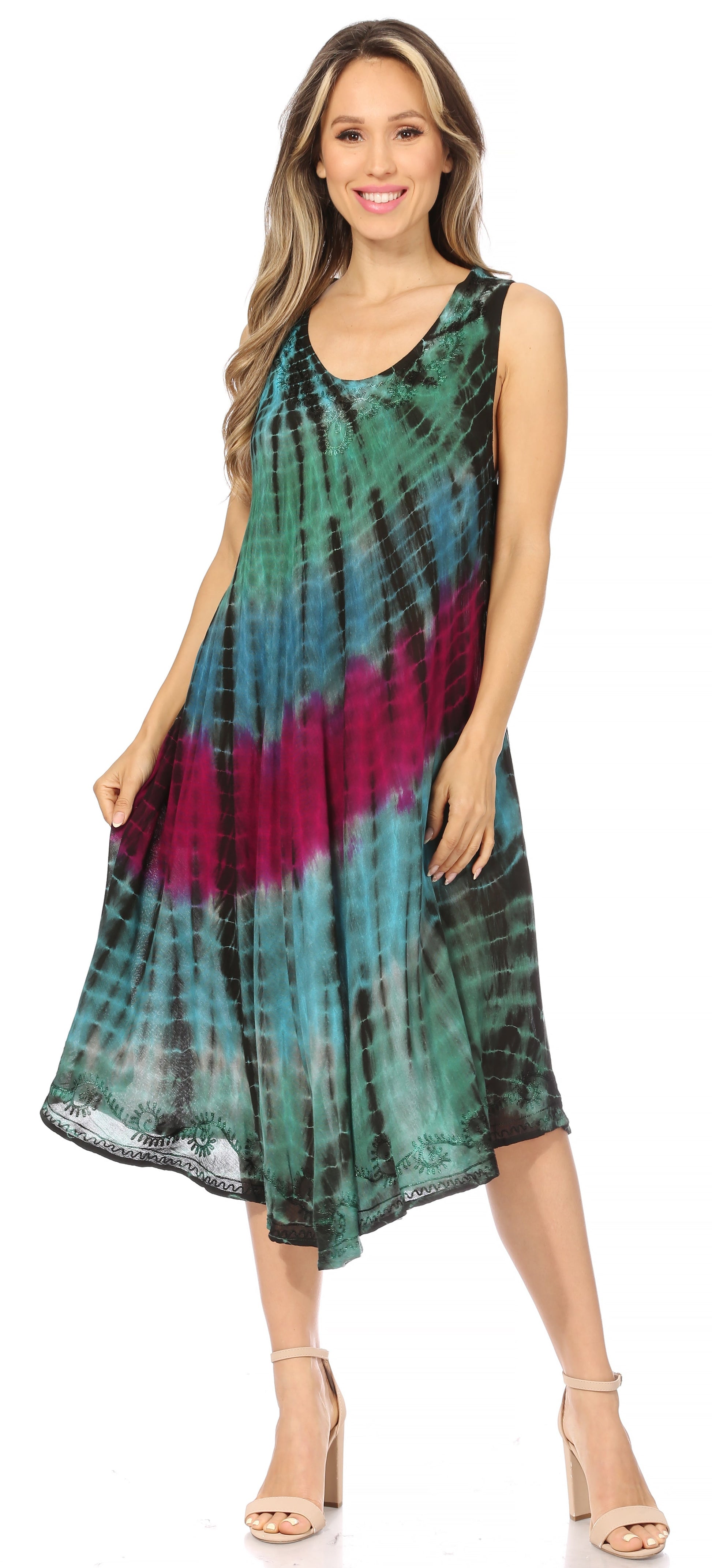 Sakkas Nora Sleeveless Embroidered Short Tie Dye Caftan Dress / Cover Up - Concordia Style Boutique