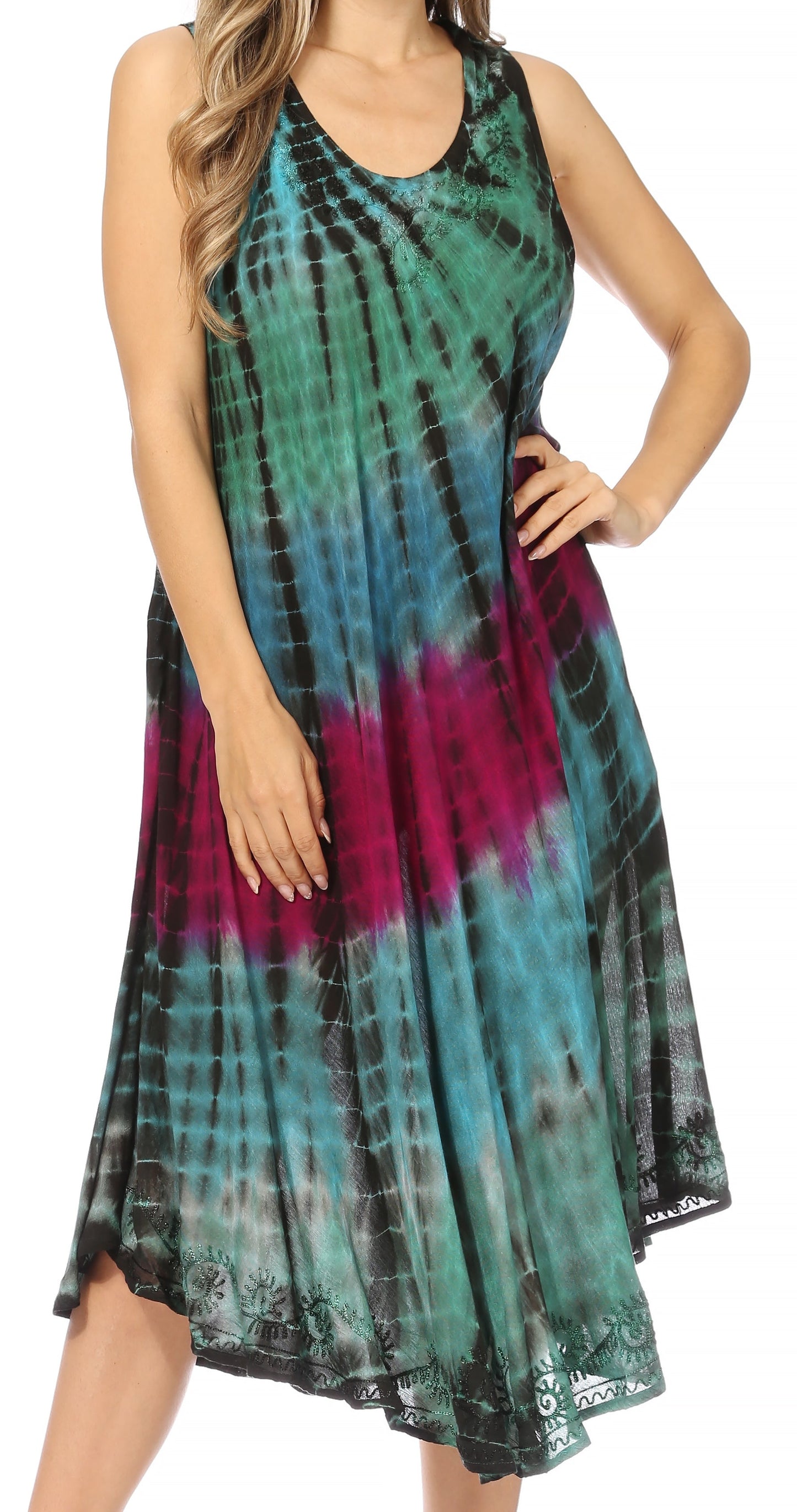 Sakkas Nora Sleeveless Embroidered Short Tie Dye Caftan Dress / Cover Up - Concordia Style Boutique