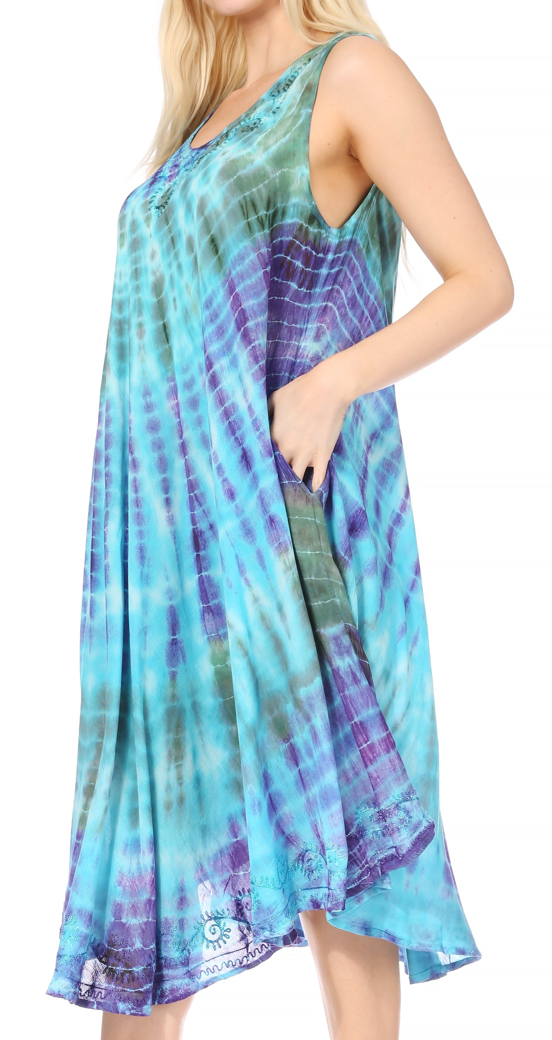 Sakkas Nora Sleeveless Embroidered Short Tie Dye Caftan Dress / Cover Up - Concordia Style Boutique