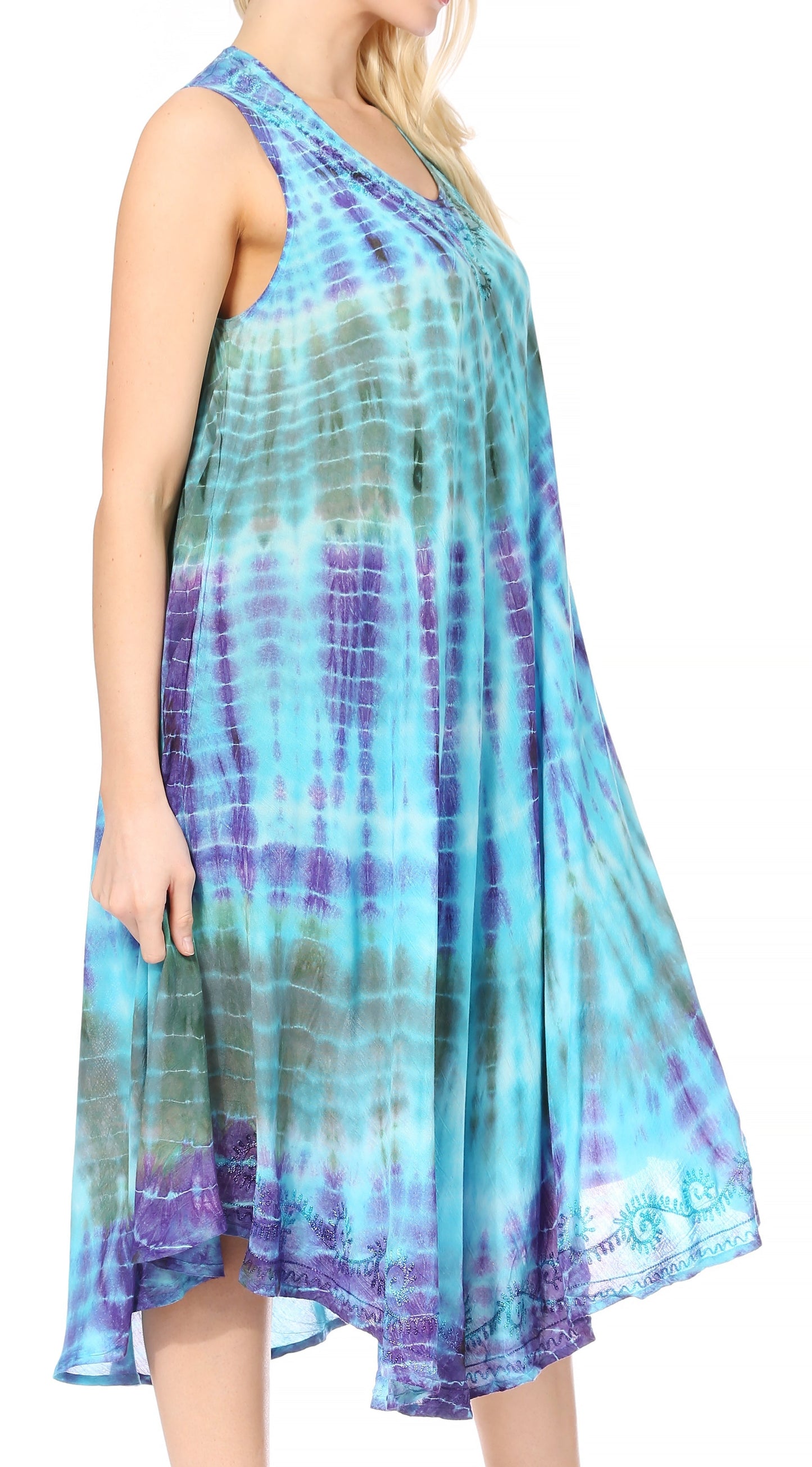 Sakkas Nora Sleeveless Embroidered Short Tie Dye Caftan Dress / Cover Up - Concordia Style Boutique