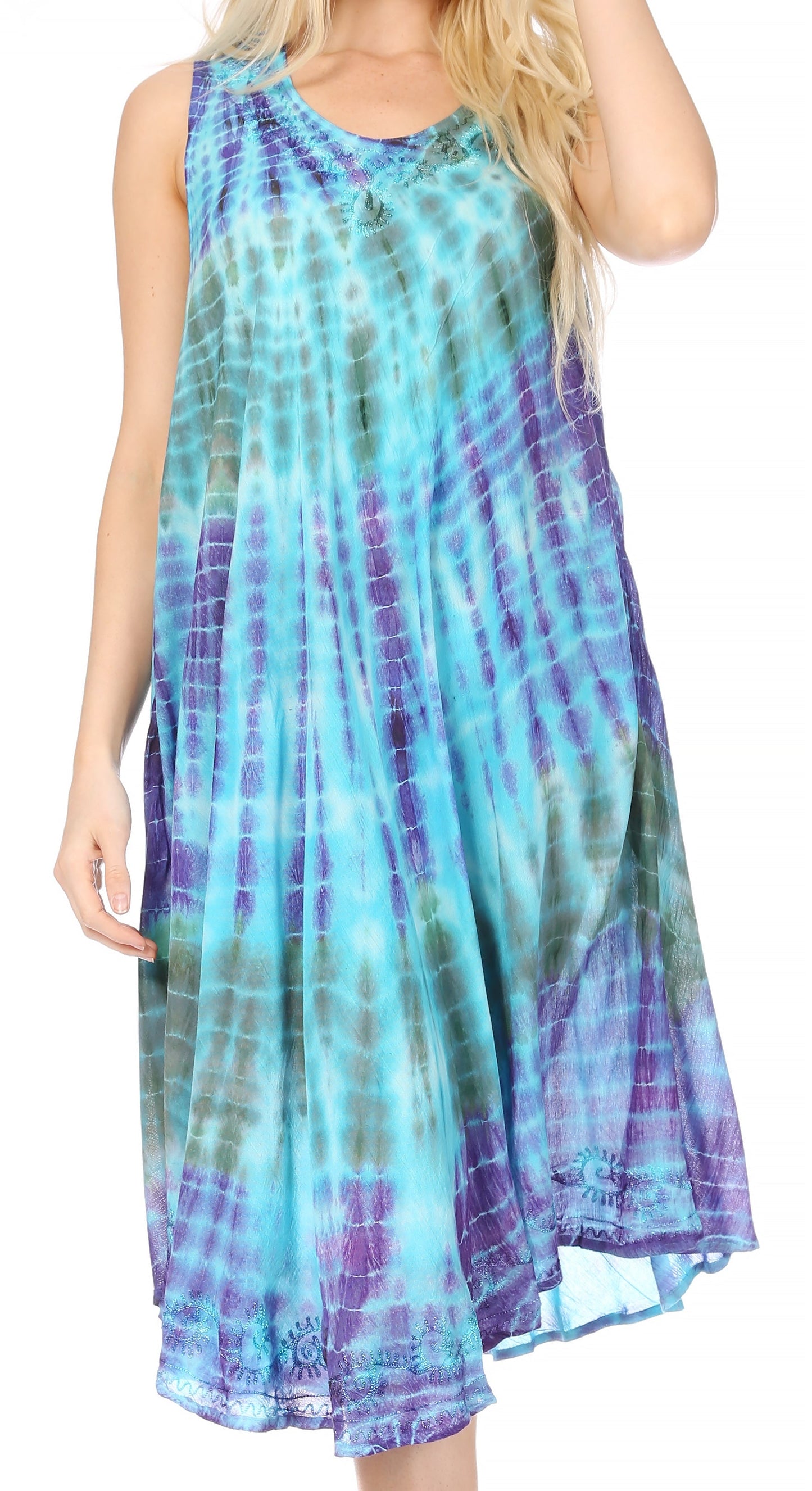 Sakkas Nora Sleeveless Embroidered Short Tie Dye Caftan Dress / Cover Up - Concordia Style Boutique