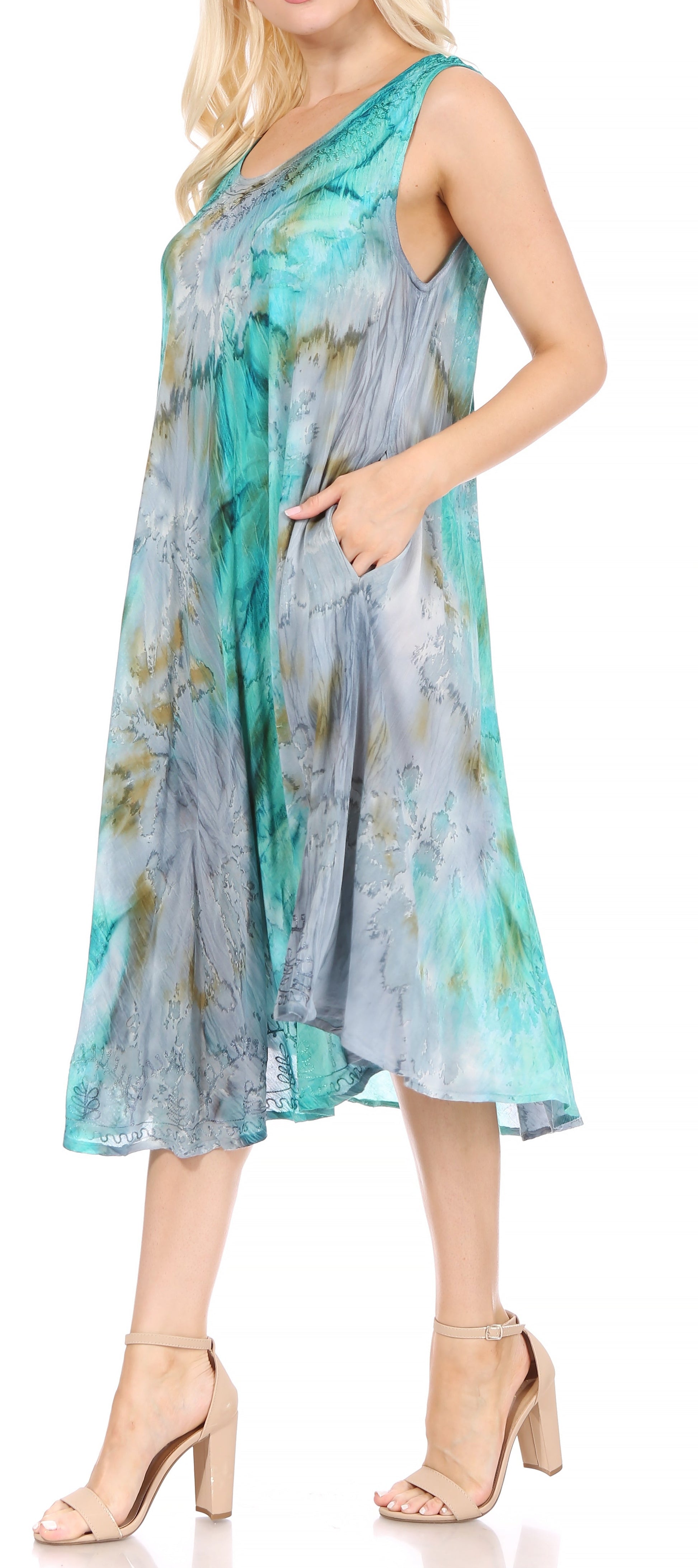 Sakkas Nora Sleeveless Embroidered Short Tie Dye Caftan Dress / Cover Up - Concordia Style Boutique