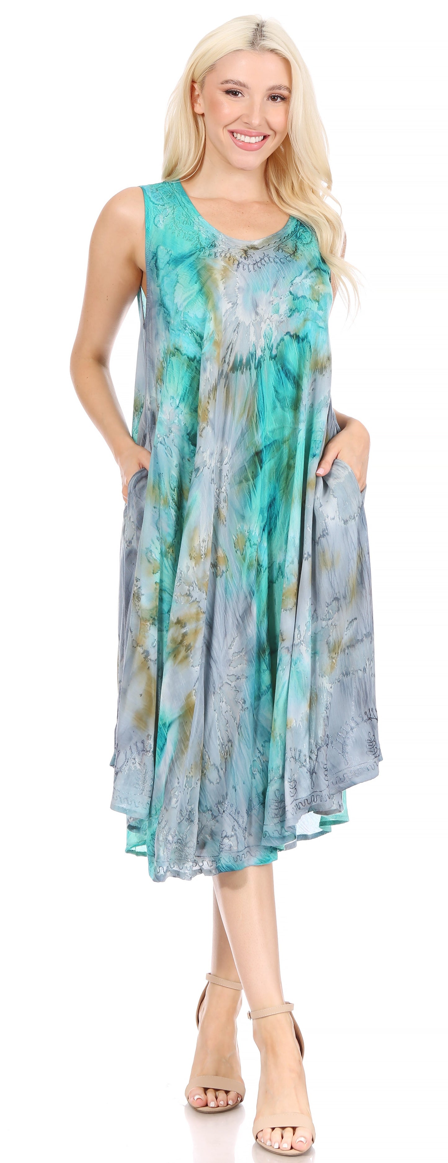 Sakkas Nora Sleeveless Embroidered Short Tie Dye Caftan Dress / Cover Up - Concordia Style Boutique