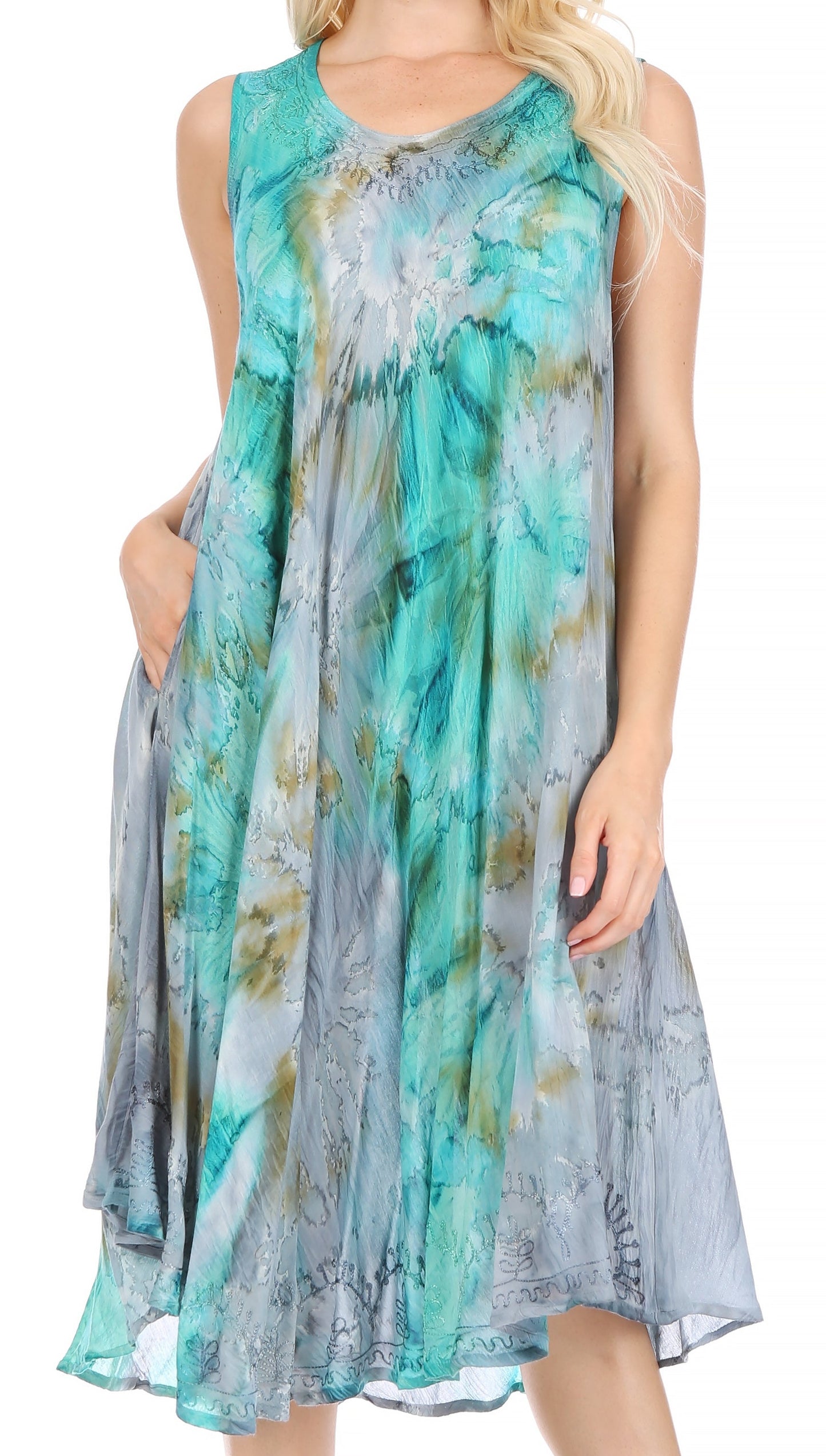 Sakkas Nora Sleeveless Embroidered Short Tie Dye Caftan Dress / Cover Up - Concordia Style Boutique