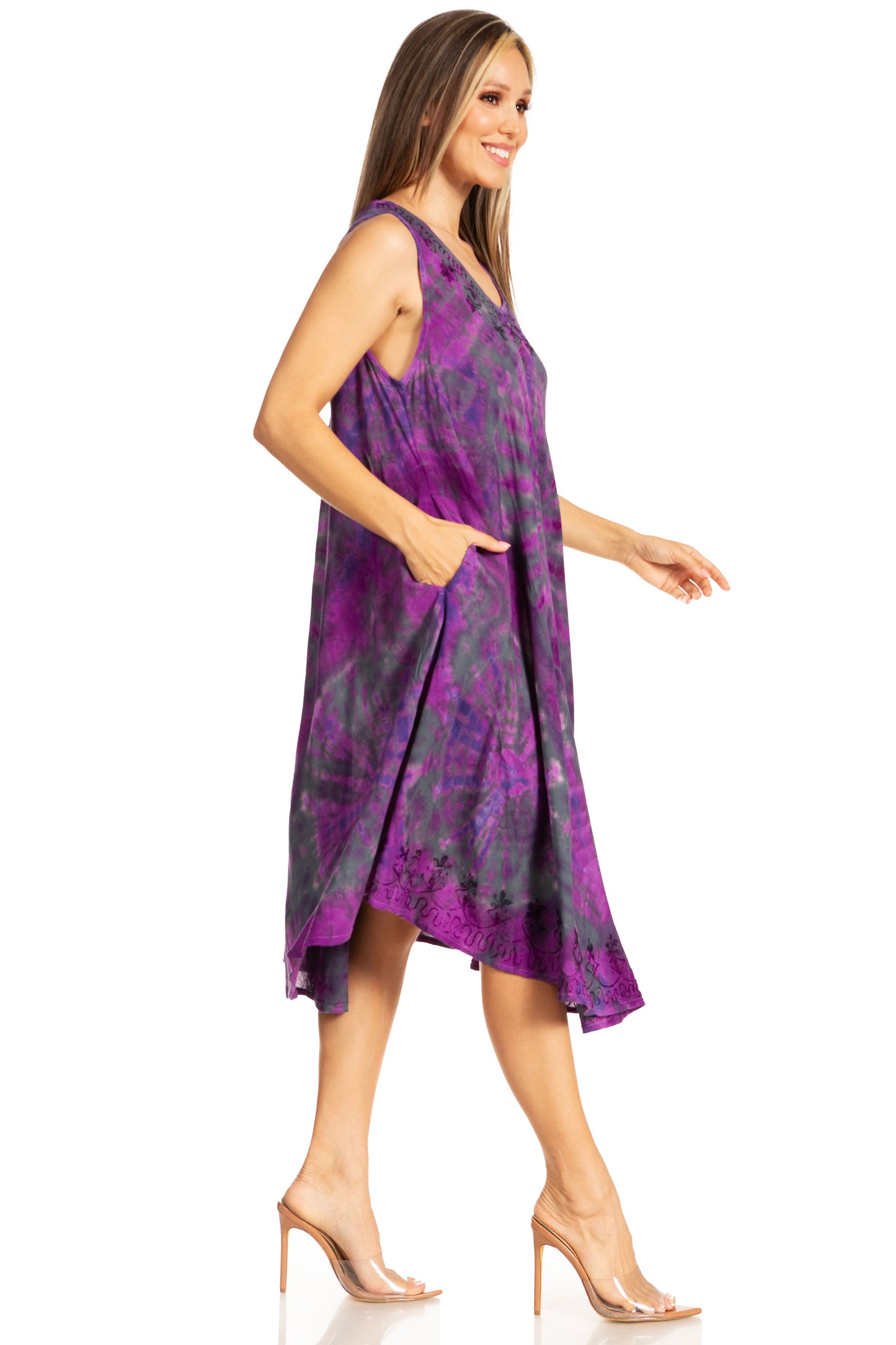 Sakkas Nora Sleeveless Embroidered Short Tie Dye Caftan Dress / Cover Up - Concordia Style Boutique