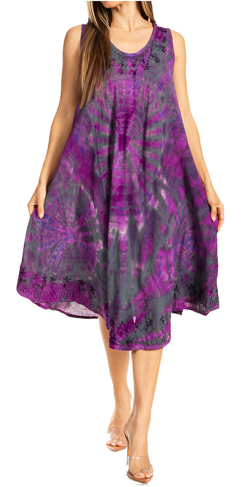 Sakkas Nora Sleeveless Embroidered Short Tie Dye Caftan Dress / Cover Up - Concordia Style Boutique