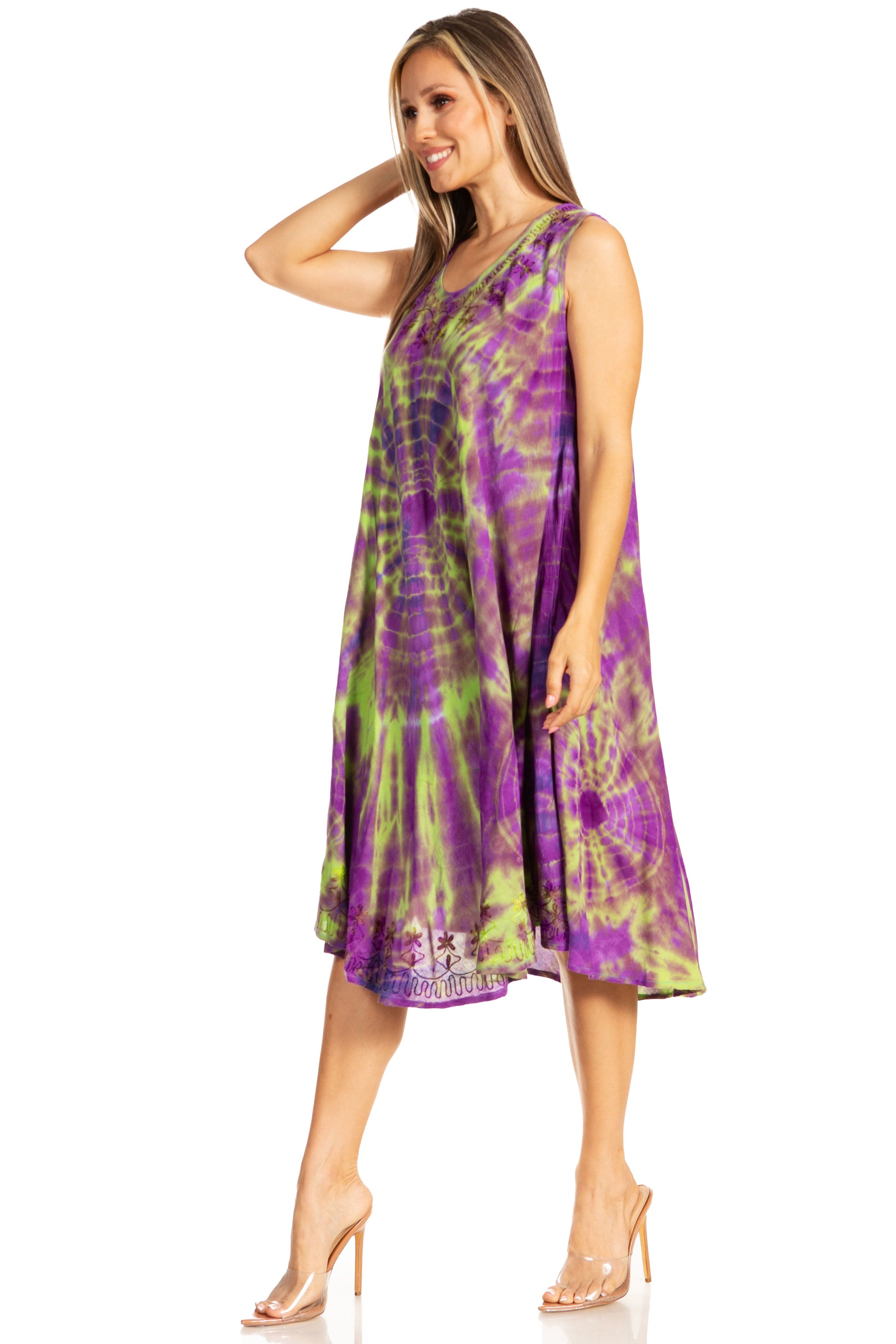 Sakkas Nora Sleeveless Embroidered Short Tie Dye Caftan Dress / Cover Up - Concordia Style Boutique