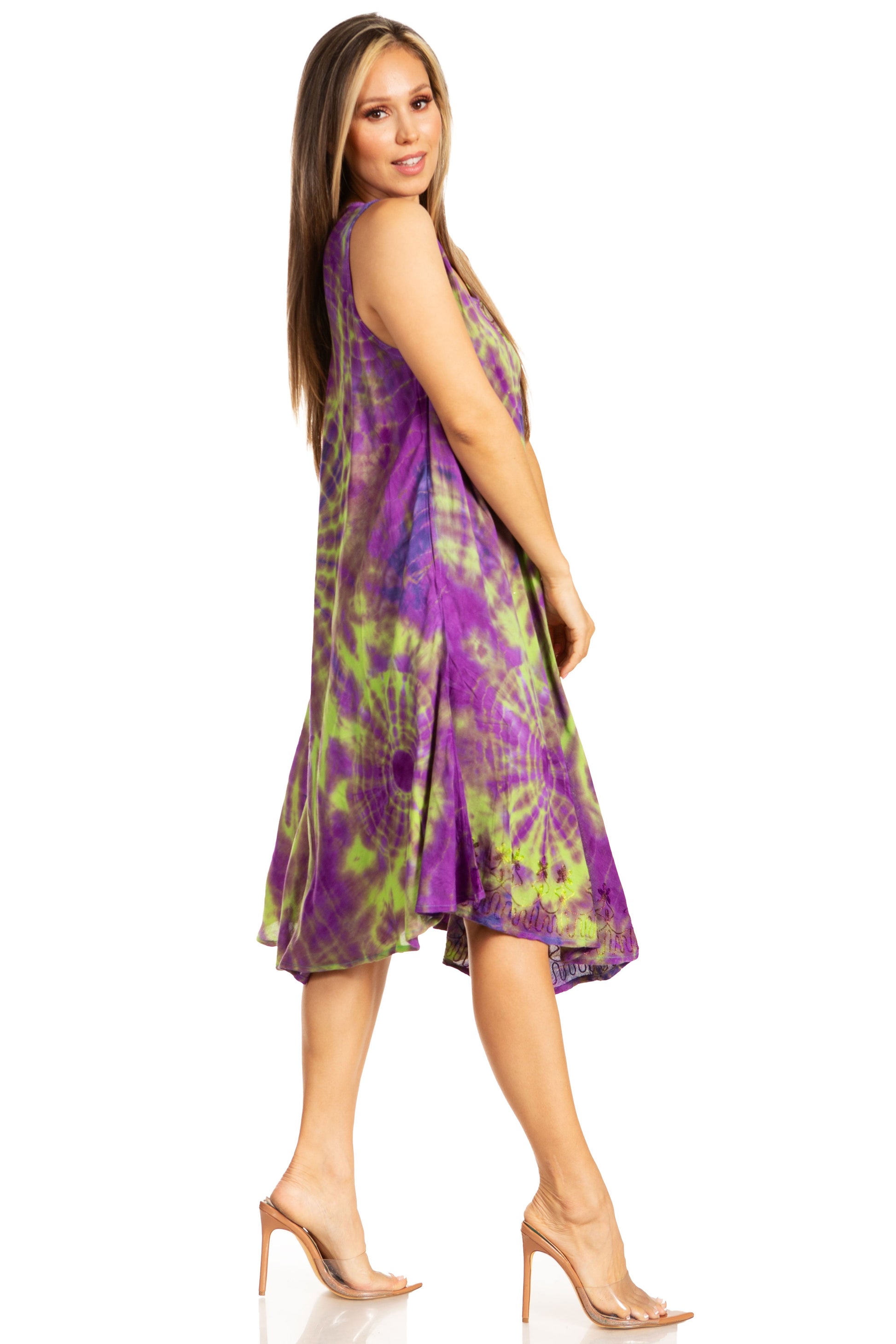 Sakkas Nora Sleeveless Embroidered Short Tie Dye Caftan Dress / Cover Up - Concordia Style Boutique