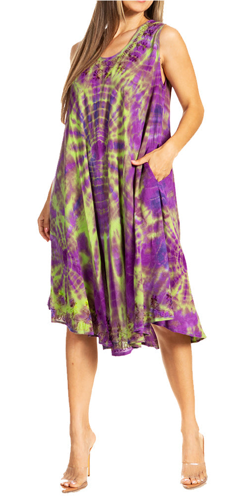 Sakkas Nora Sleeveless Embroidered Short Tie Dye Caftan Dress / Cover Up - Concordia Style Boutique