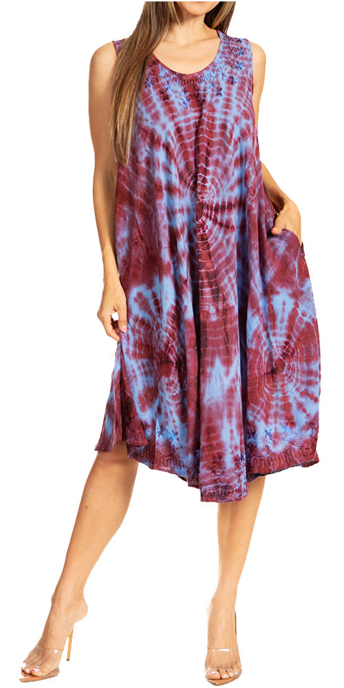 Sakkas Nora Sleeveless Embroidered Short Tie Dye Caftan Dress / Cover Up - Concordia Style Boutique