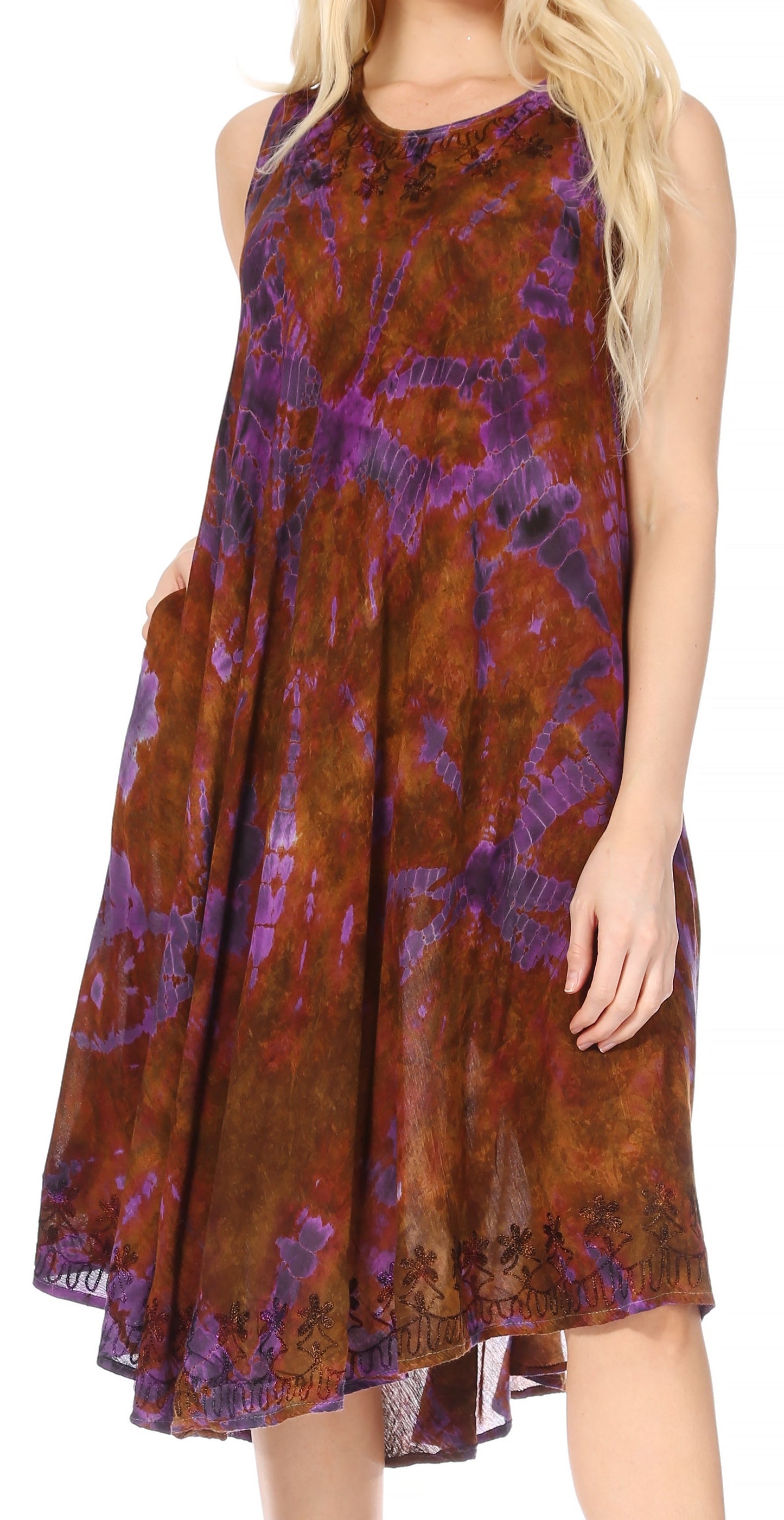 Sakkas Nora Sleeveless Embroidered Short Tie Dye Caftan Dress / Cover Up - Concordia Style Boutique