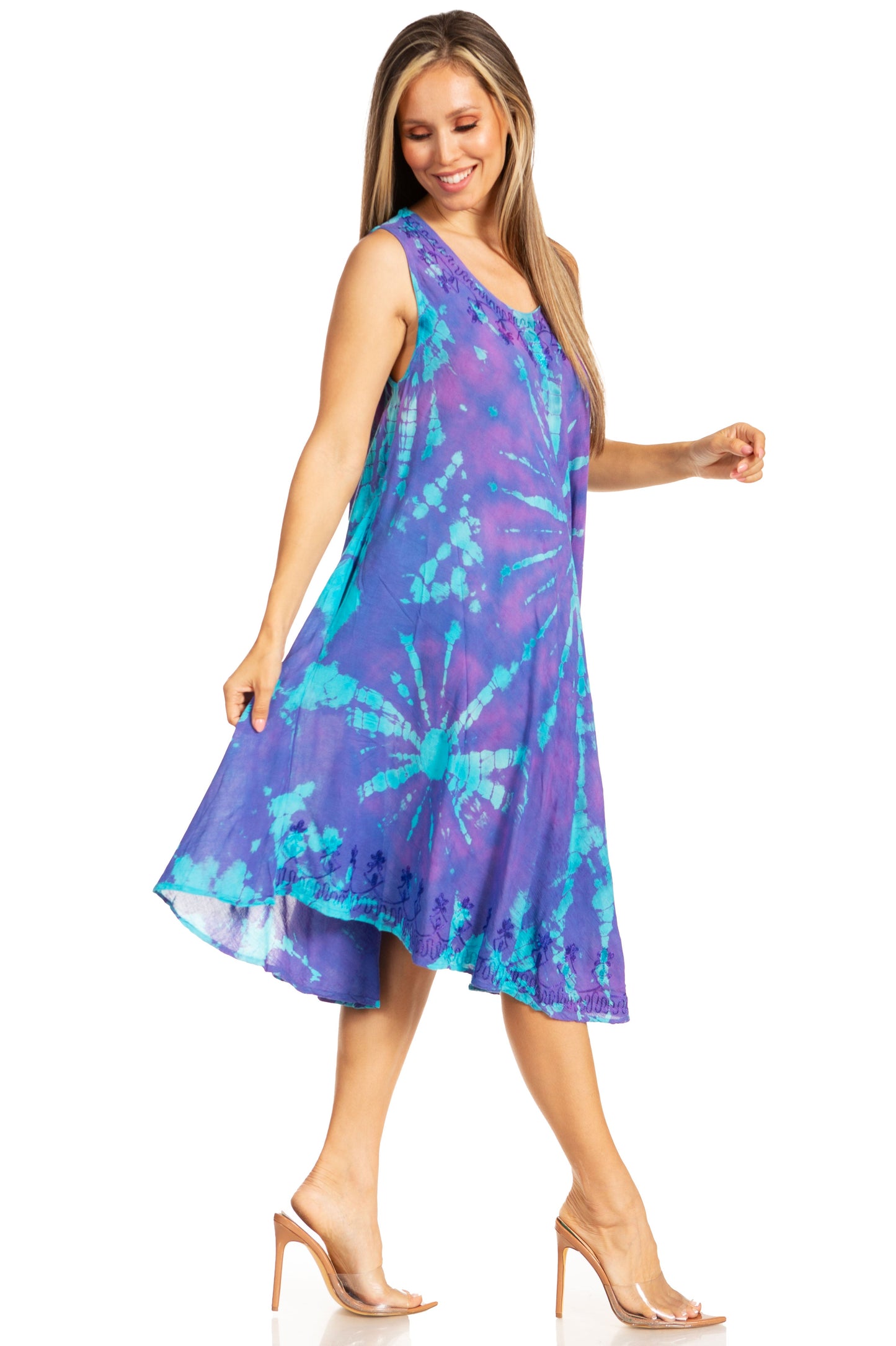 Sakkas Nora Sleeveless Embroidered Short Tie Dye Caftan Dress / Cover Up - Concordia Style Boutique