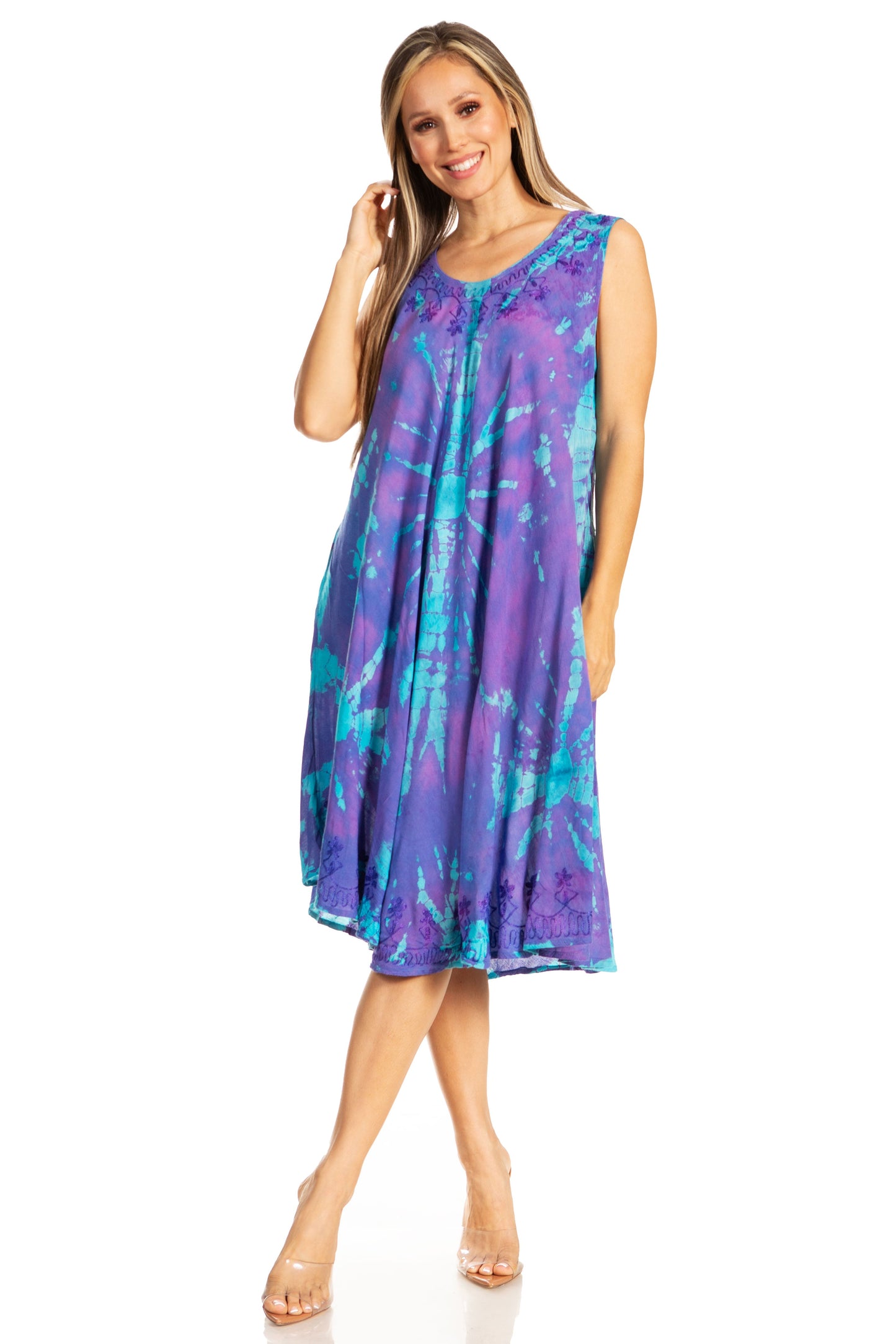 Sakkas Nora Sleeveless Embroidered Short Tie Dye Caftan Dress / Cover Up - Concordia Style Boutique