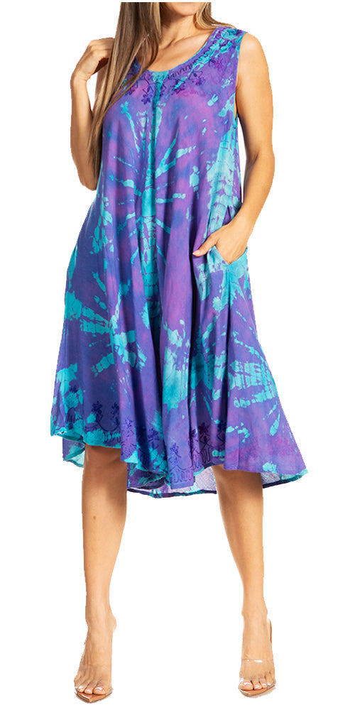Sakkas Nora Sleeveless Embroidered Short Tie Dye Caftan Dress / Cover Up - Concordia Style Boutique