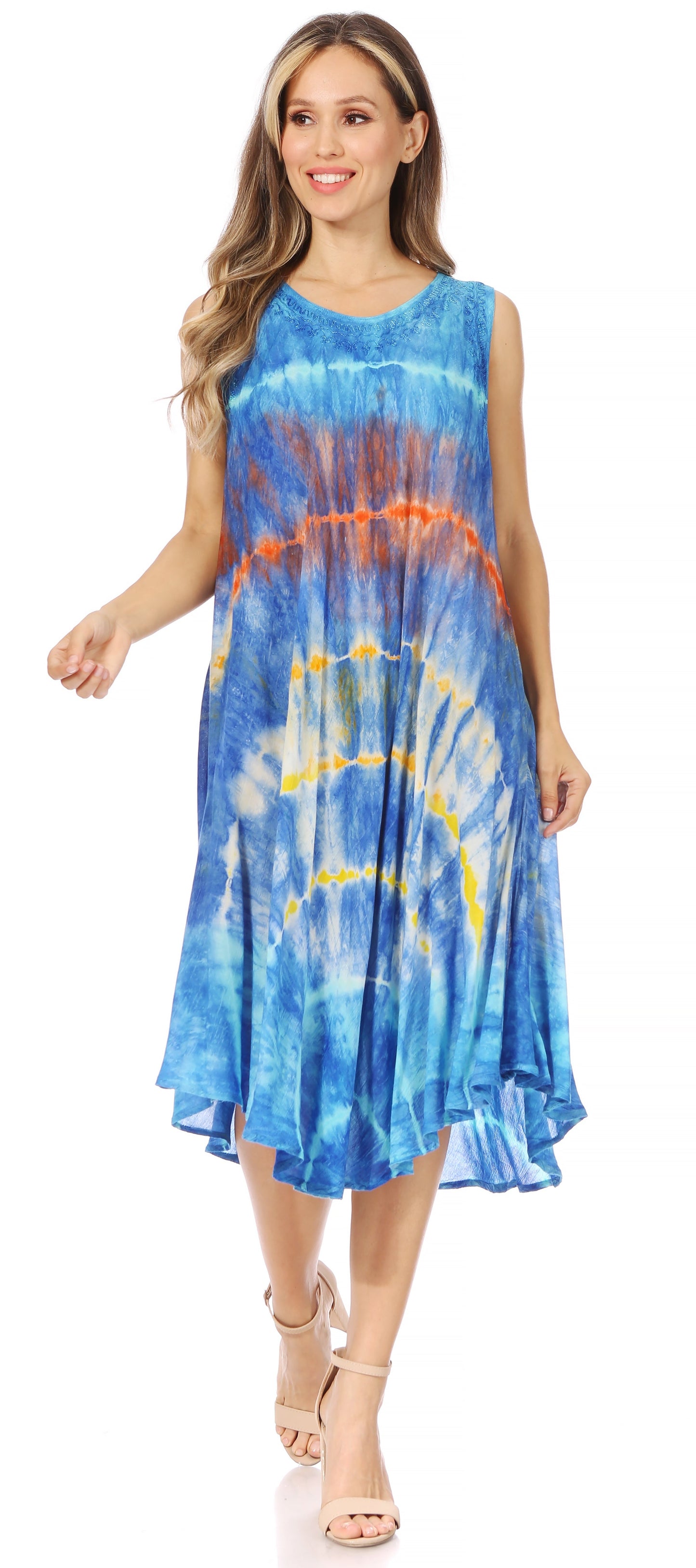 Sakkas Nora Sleeveless Embroidered Short Tie Dye Caftan Dress / Cover Up - Concordia Style Boutique