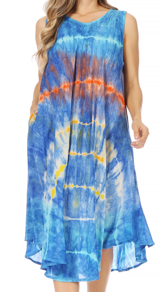 Sakkas Nora Sleeveless Embroidered Short Tie Dye Caftan Dress / Cover Up - Concordia Style Boutique