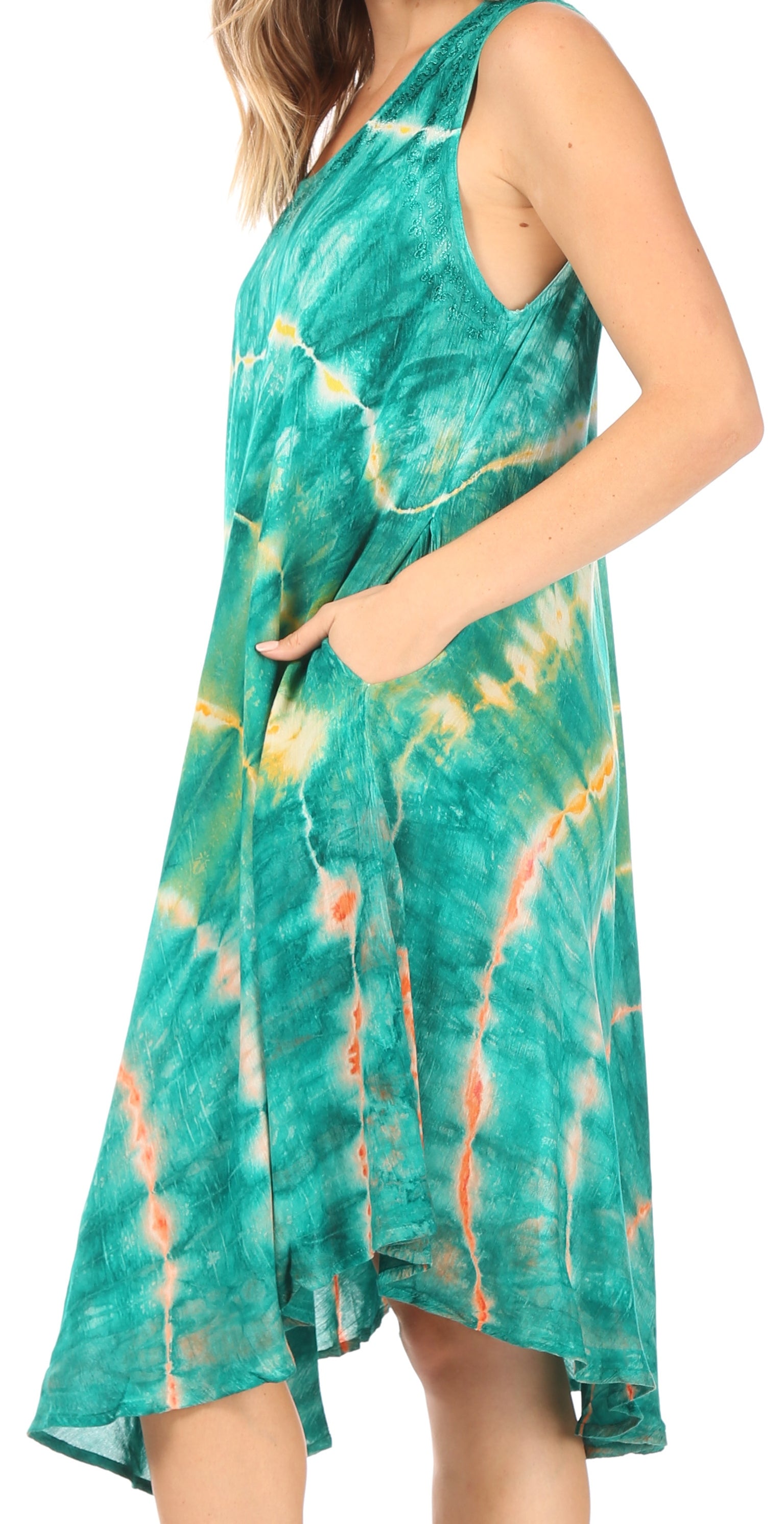 Sakkas Nora Sleeveless Embroidered Short Tie Dye Caftan Dress / Cover Up - Concordia Style Boutique