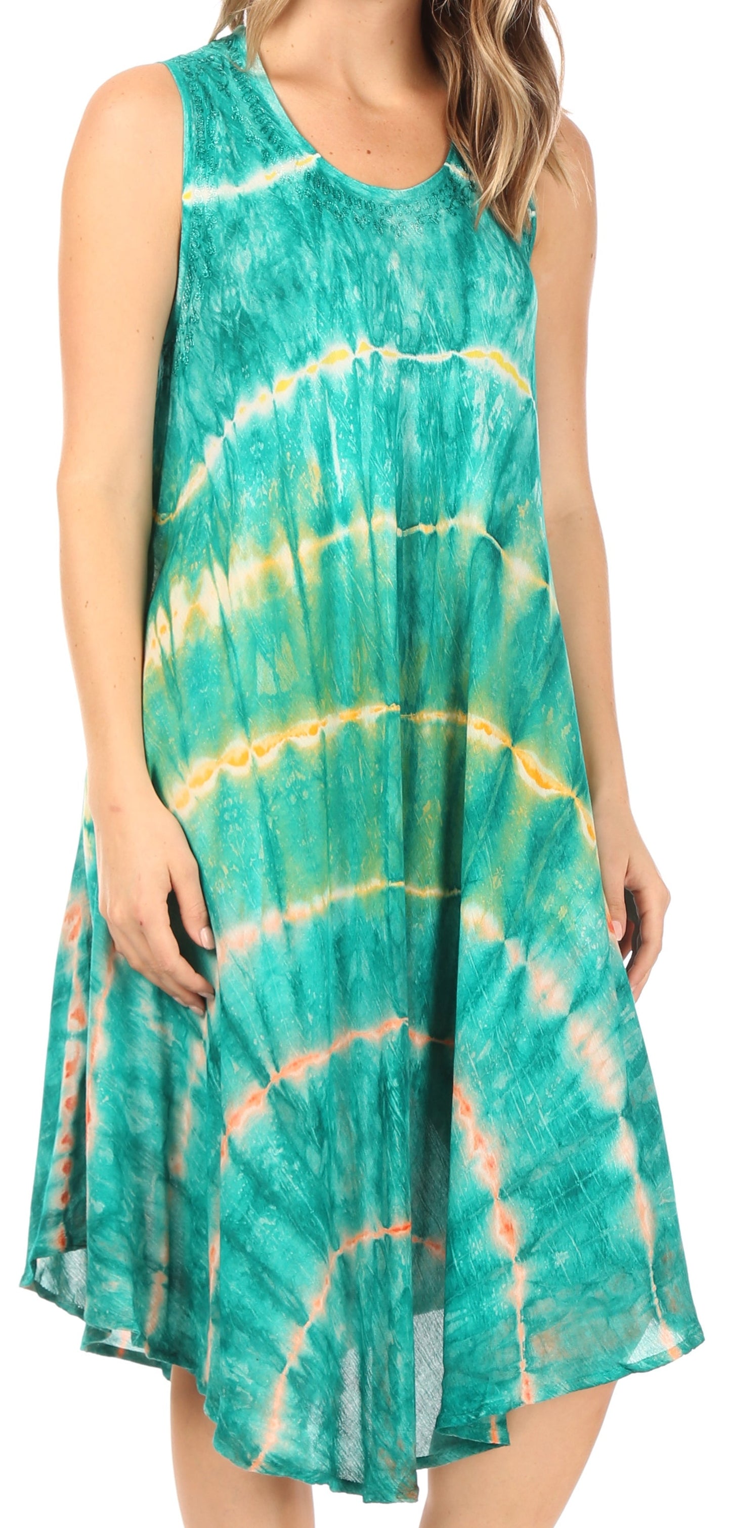 Sakkas Nora Sleeveless Embroidered Short Tie Dye Caftan Dress / Cover Up - Concordia Style Boutique