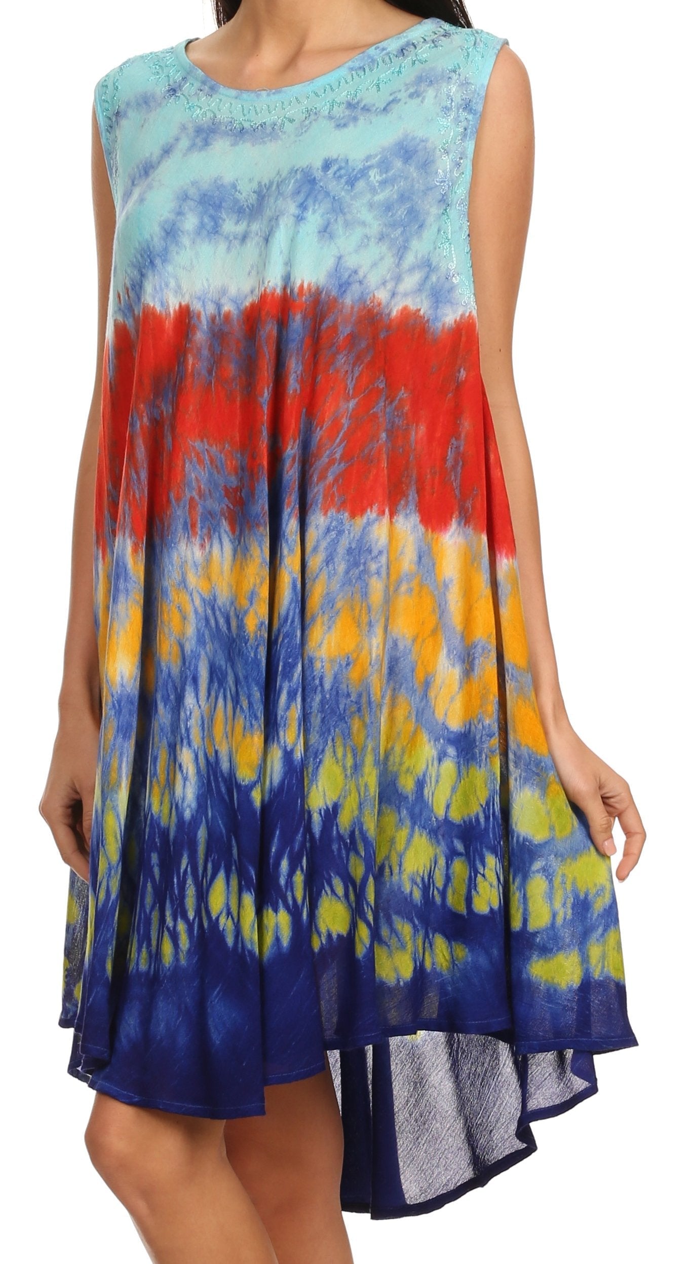Sakkas Nora Sleeveless Embroidered Short Tie Dye Caftan Dress / Cover Up - Concordia Style Boutique