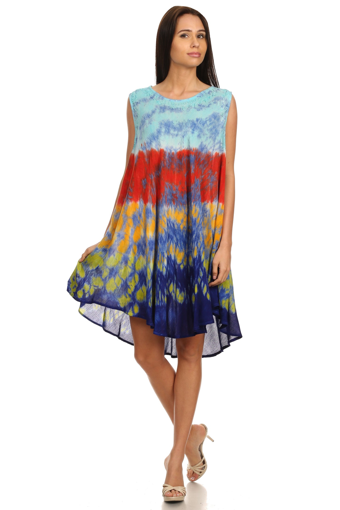 Sakkas Nora Sleeveless Embroidered Short Tie Dye Caftan Dress / Cover Up - Concordia Style Boutique