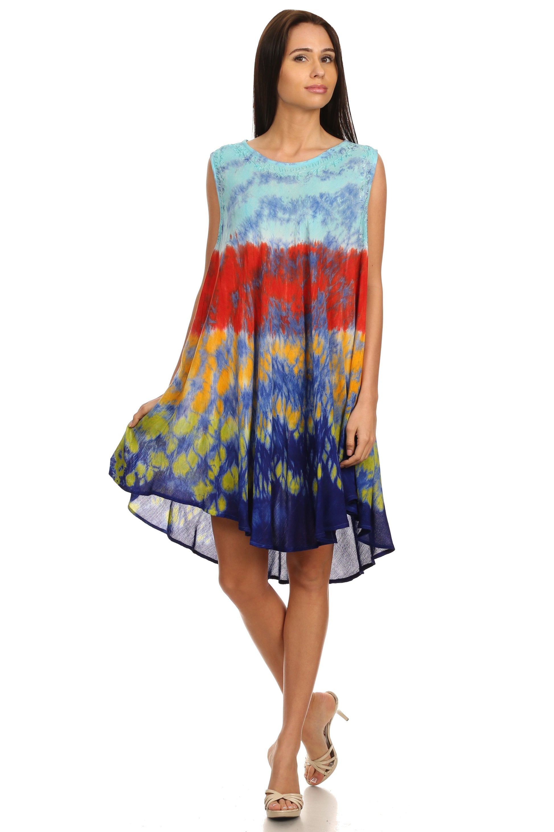 Sakkas Nora Sleeveless Embroidered Short Tie Dye Caftan Dress / Cover Up - Concordia Style Boutique