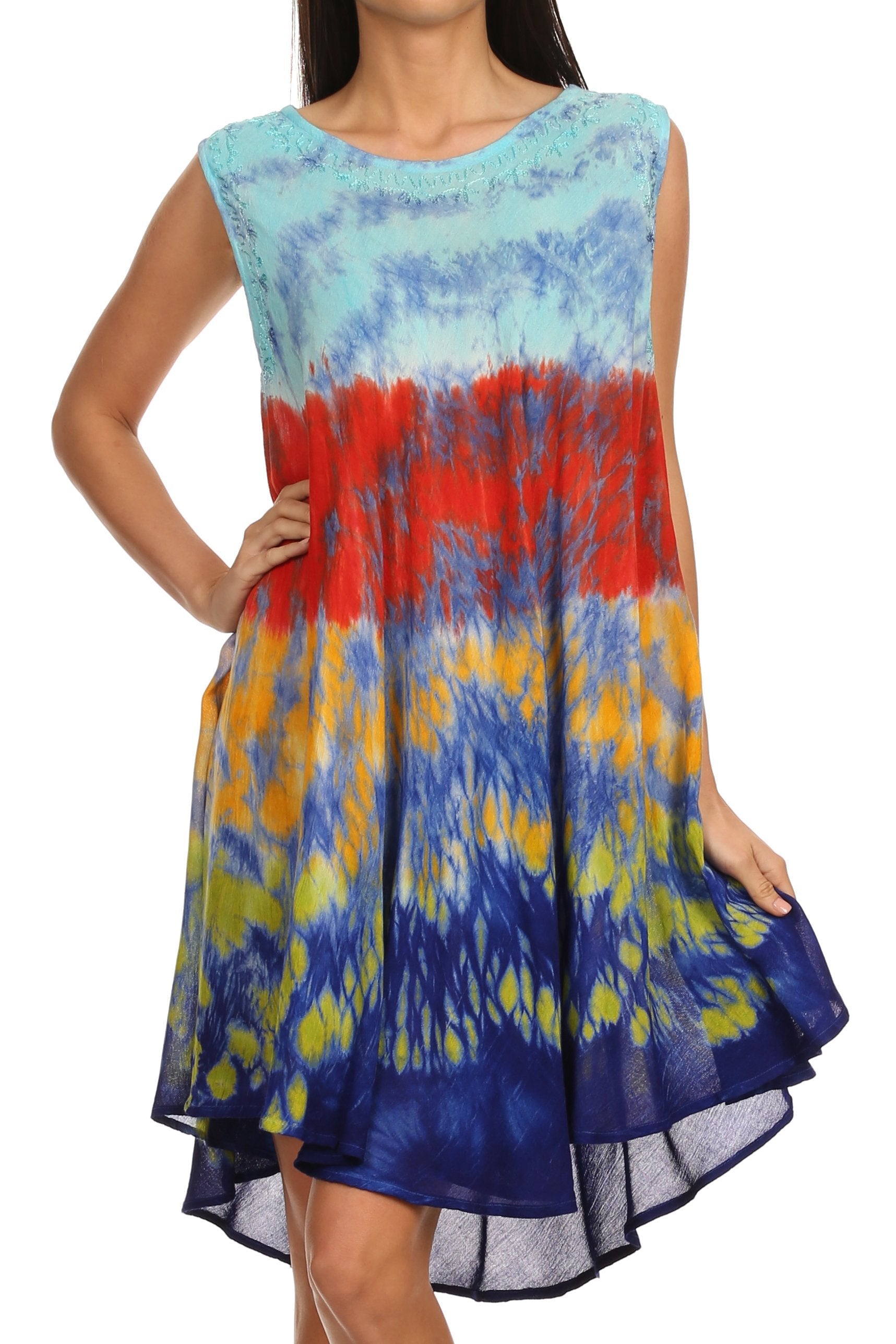 Sakkas Nora Sleeveless Embroidered Short Tie Dye Caftan Dress / Cover Up - Concordia Style Boutique