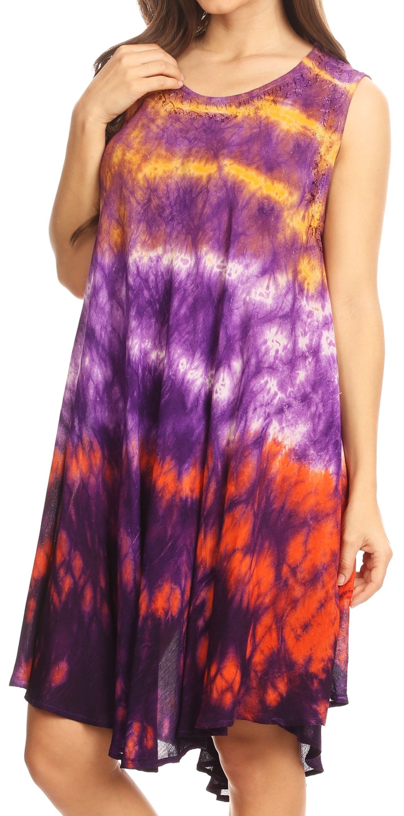 Sakkas Nora Sleeveless Embroidered Short Tie Dye Caftan Dress / Cover Up - Concordia Style Boutique