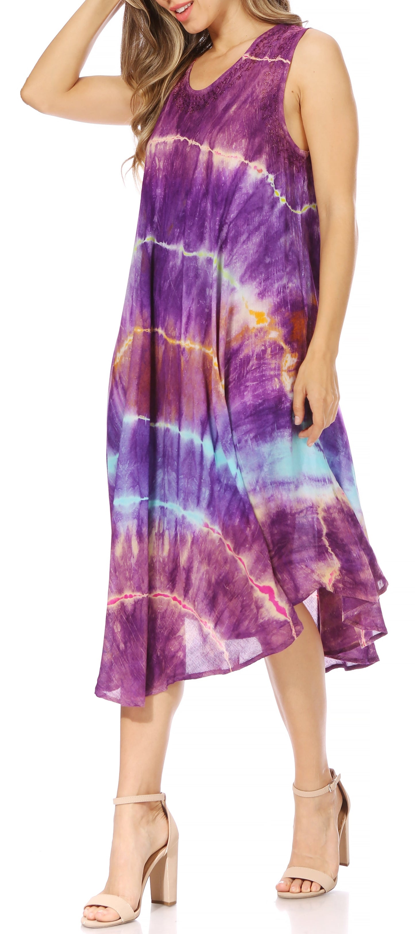 Sakkas Nora Sleeveless Embroidered Short Tie Dye Caftan Dress / Cover Up - Concordia Style Boutique